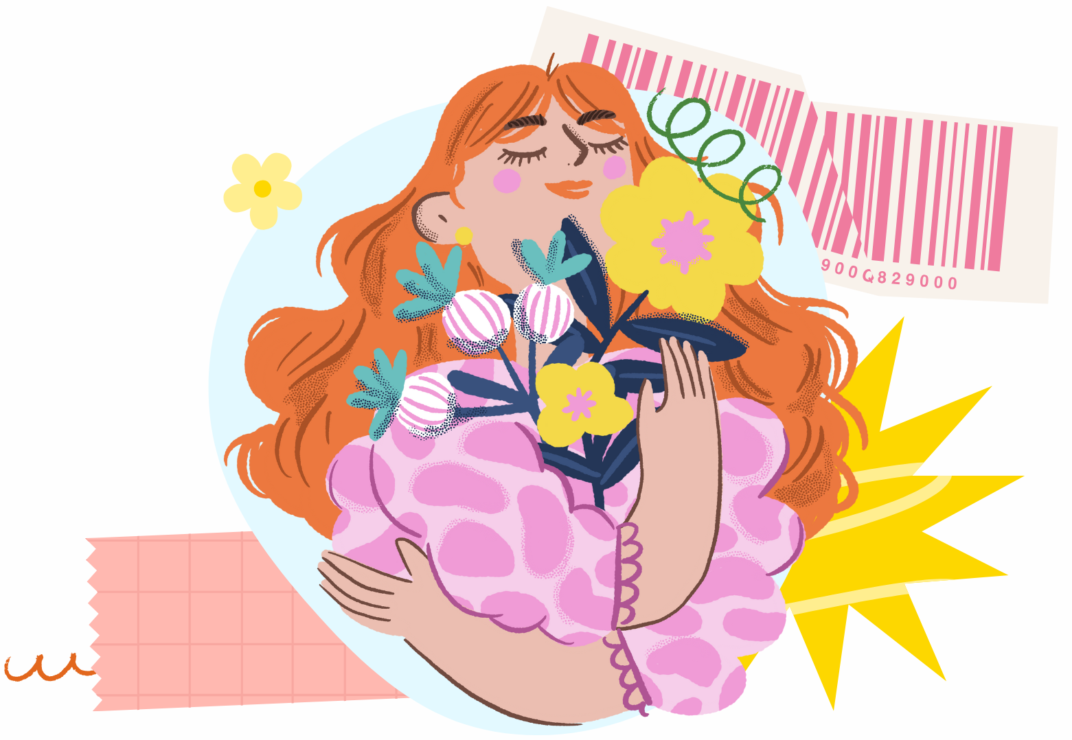 An illustration of a woman with long red hair hugging a bouquet of pink and yellow flowers. She has her eyes closed and appears peaceful. The background includes colorful abstract shapes and a barcode.