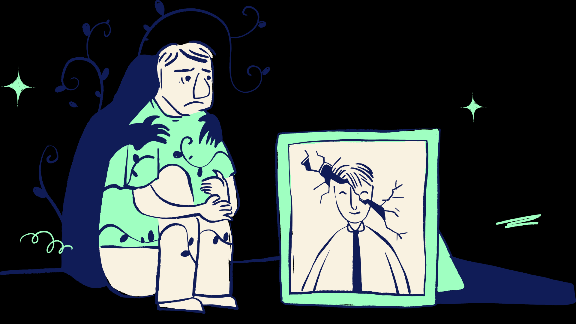 A sad person, sitting on a toilet, hugging their knees, looking at a cracked and cracked image of a smiling man on a computer monitor.