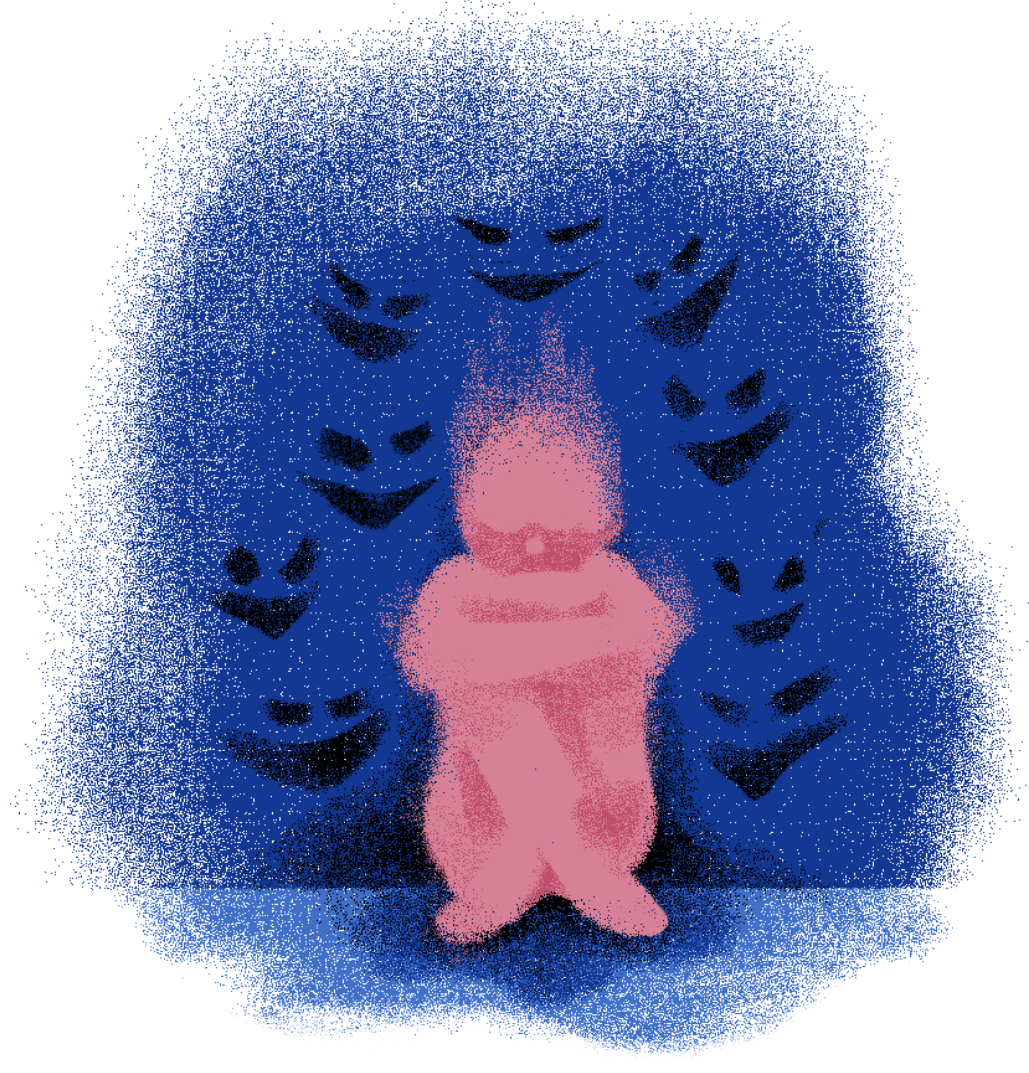 Pink plush teddy bear standing on a blue surface in front of a blue wall with multiple black and blue smiling faces.