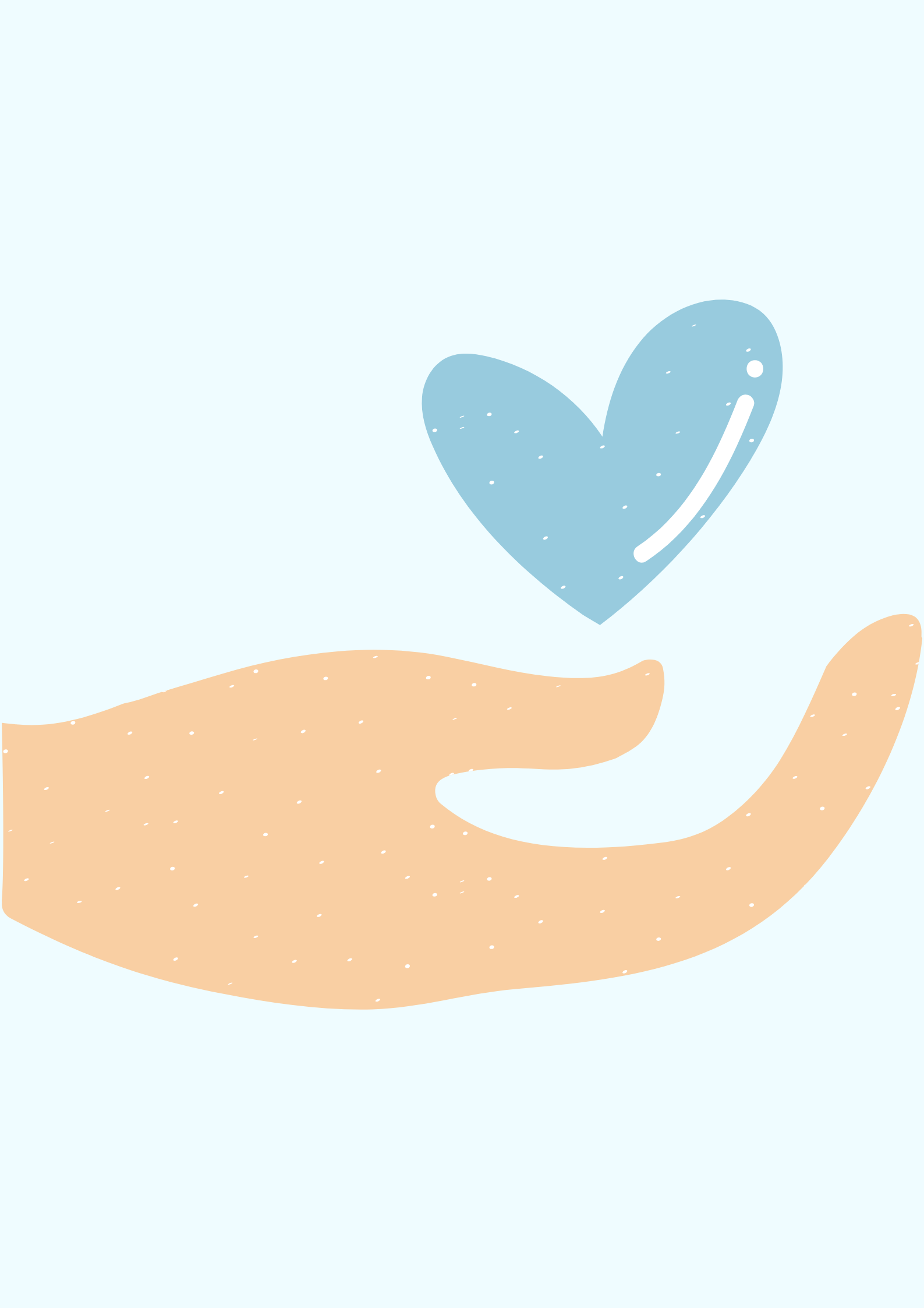A stylized illustration of a hand holding a blue heart.