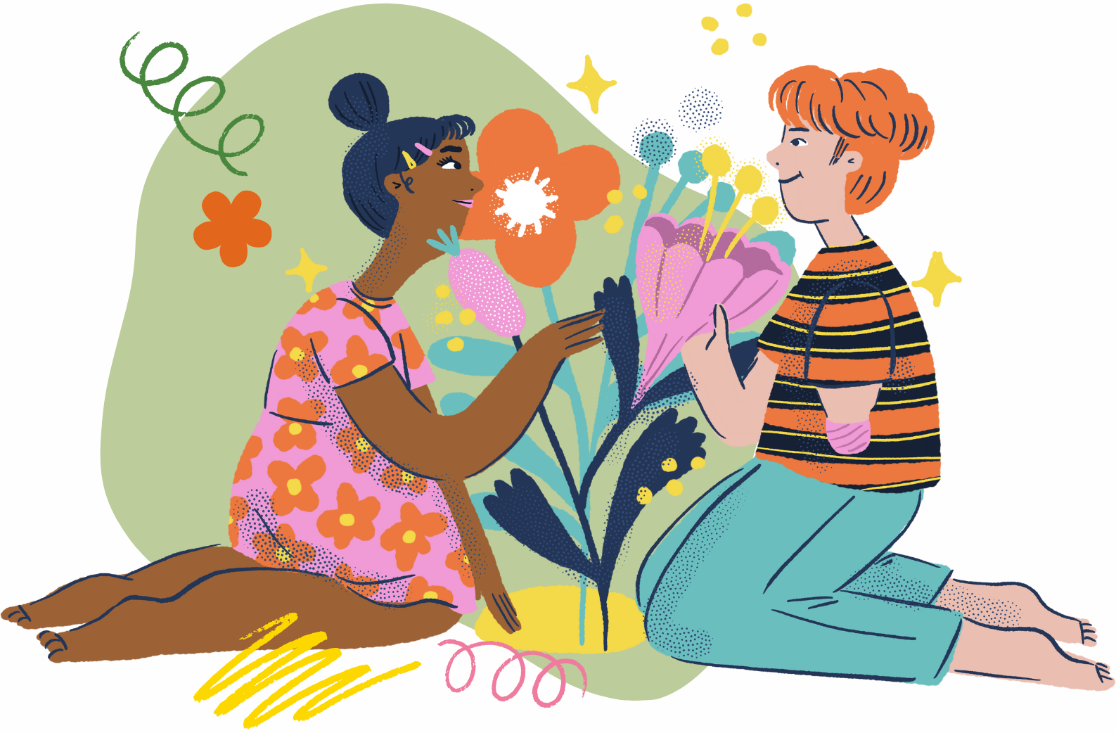 Two people, a woman with dark skin and dark hair tied in a bun, and a light-skinned person with red hair, are sitting on the ground with a large bouquet of flowers between them. The woman is wearing a pink dress with orange flowers, and the other person is in a striped shirt and light blue pants. They are smiling at each other, surrounded by colorful flowers and decorative elements.