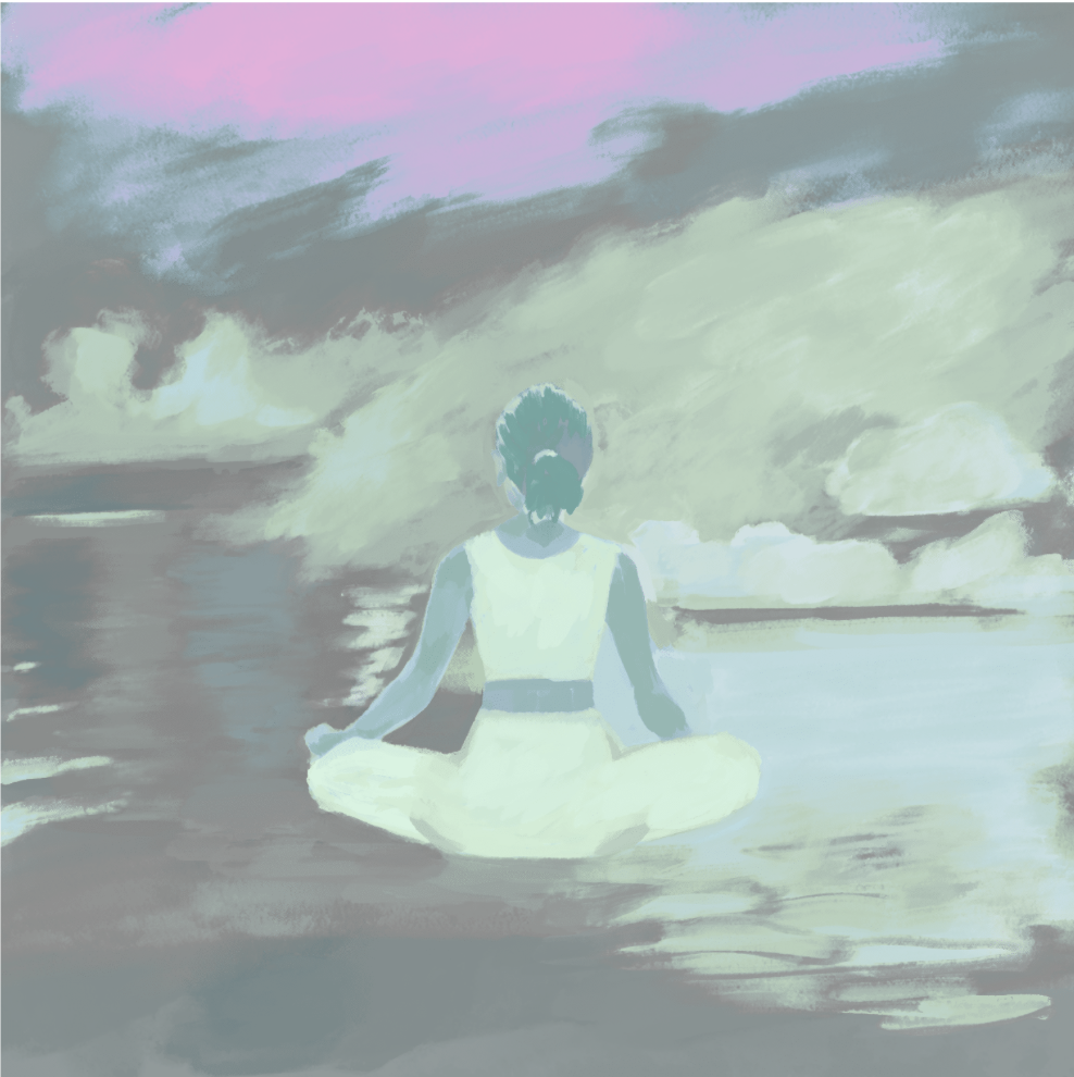 A person sitting cross-legged in a meditative pose on the beach at sunset, facing the water with clouds in the sky.