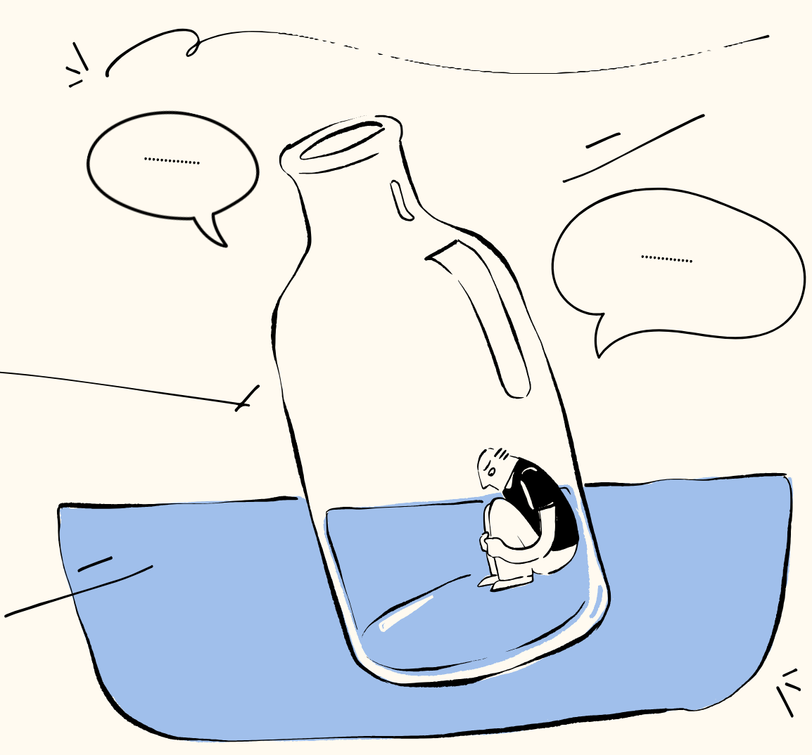A sketch of a man sitting inside a large bottle, with speech bubbles around him and a blue surface beneath the bottle.