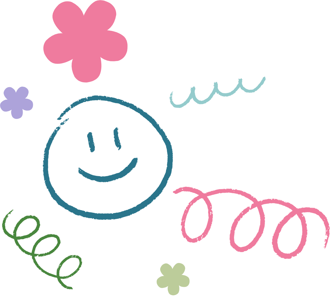 Colorful, childlike drawing of a smiling face surrounded by flowers and squiggly lines in pink, purple, blue, and green.