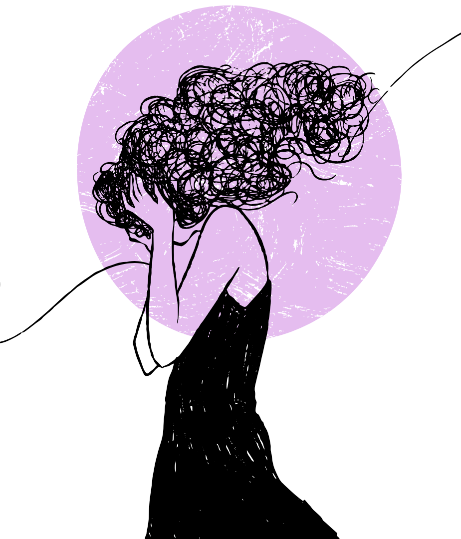 A minimalist sketch of a woman with curly hair covering her face, standing against a purple circular background.