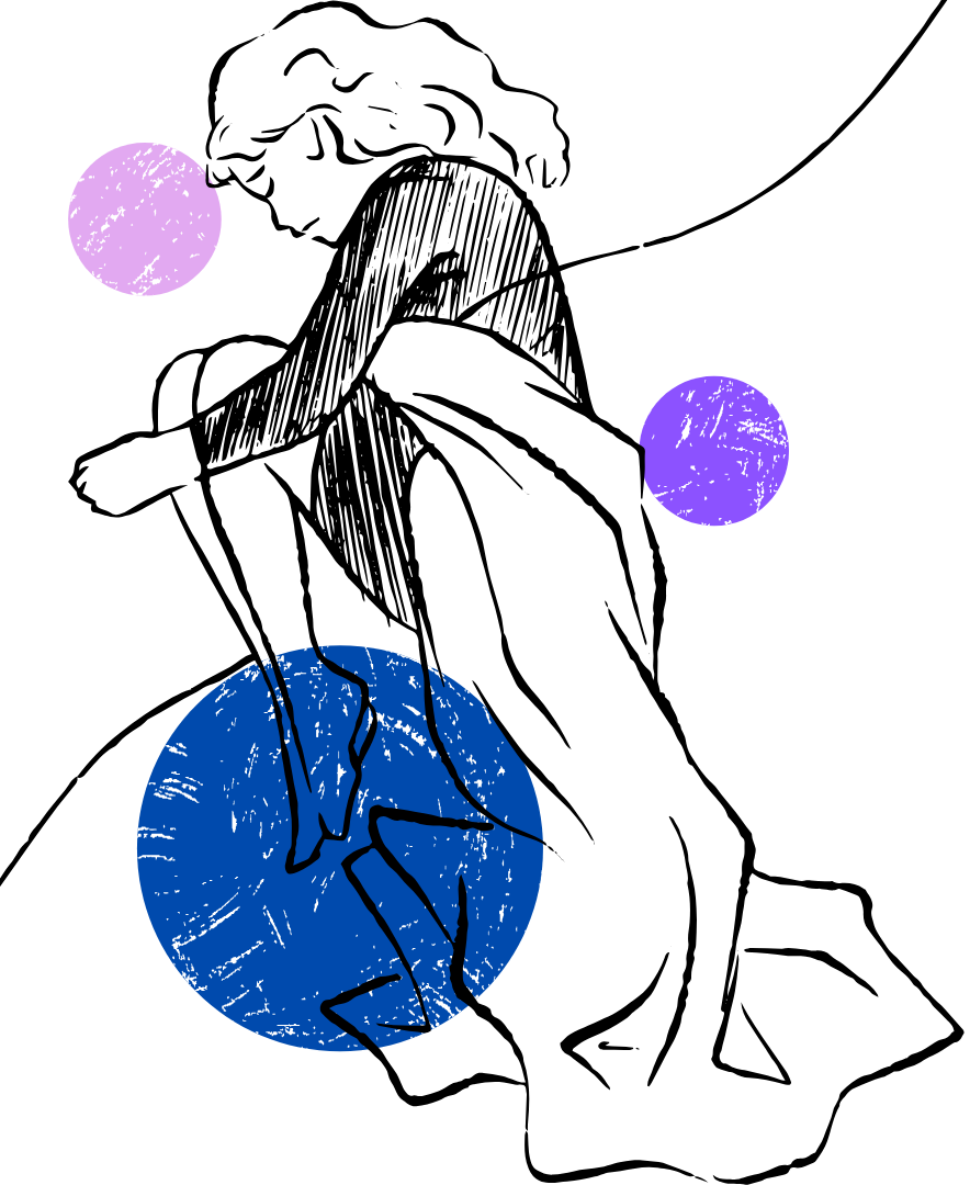 Line art illustration of a woman sitting with her arms resting on her knees, her head bowed, surrounded by colored circles in purple and blue.