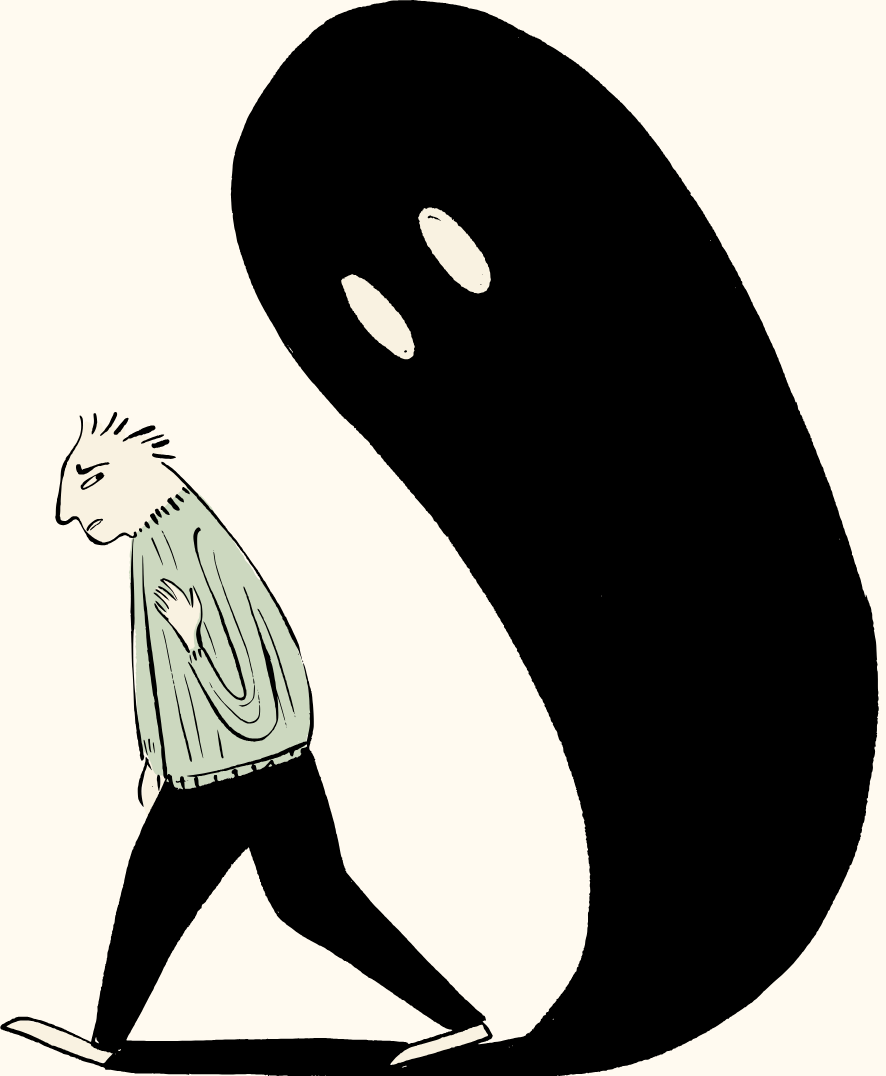 A person walking with a large, shadowy, ghost-like figure behind them in an abstract illustration.