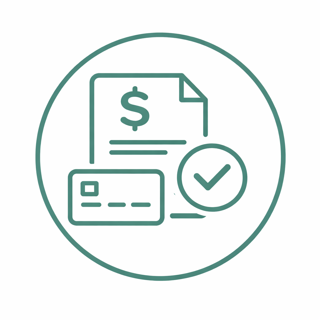 Icon of a financial document with a dollar sign, a credit card, and a check mark in a circle.