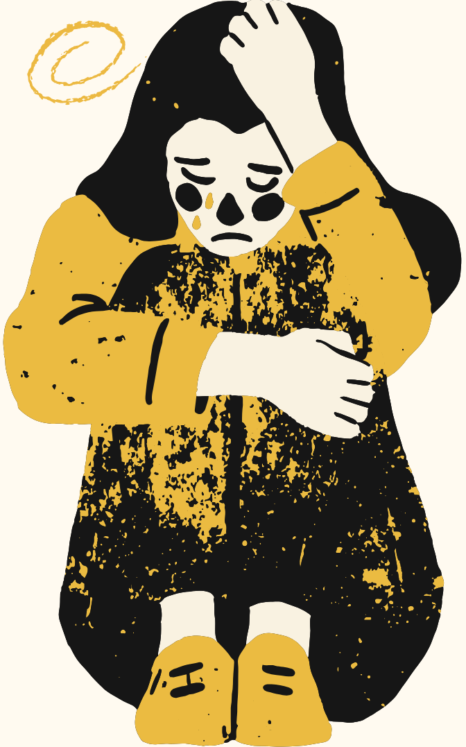 Illustration of a girl with a skull face, clutching herself, with a gold halo above her head, wearing a yellow sweater and orange shoes.