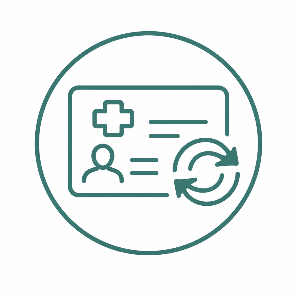 Line drawing of a medical card with a cross symbol, a user icon, and two circular arrows indicating update or refresh.
