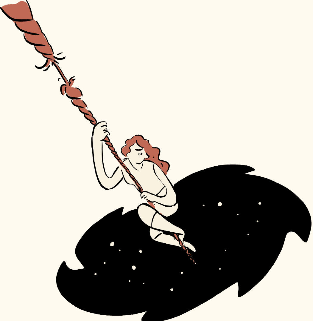 Line art illustration of a woman climbing a rope that appears to be a shark's fin, with a large black shark below her.