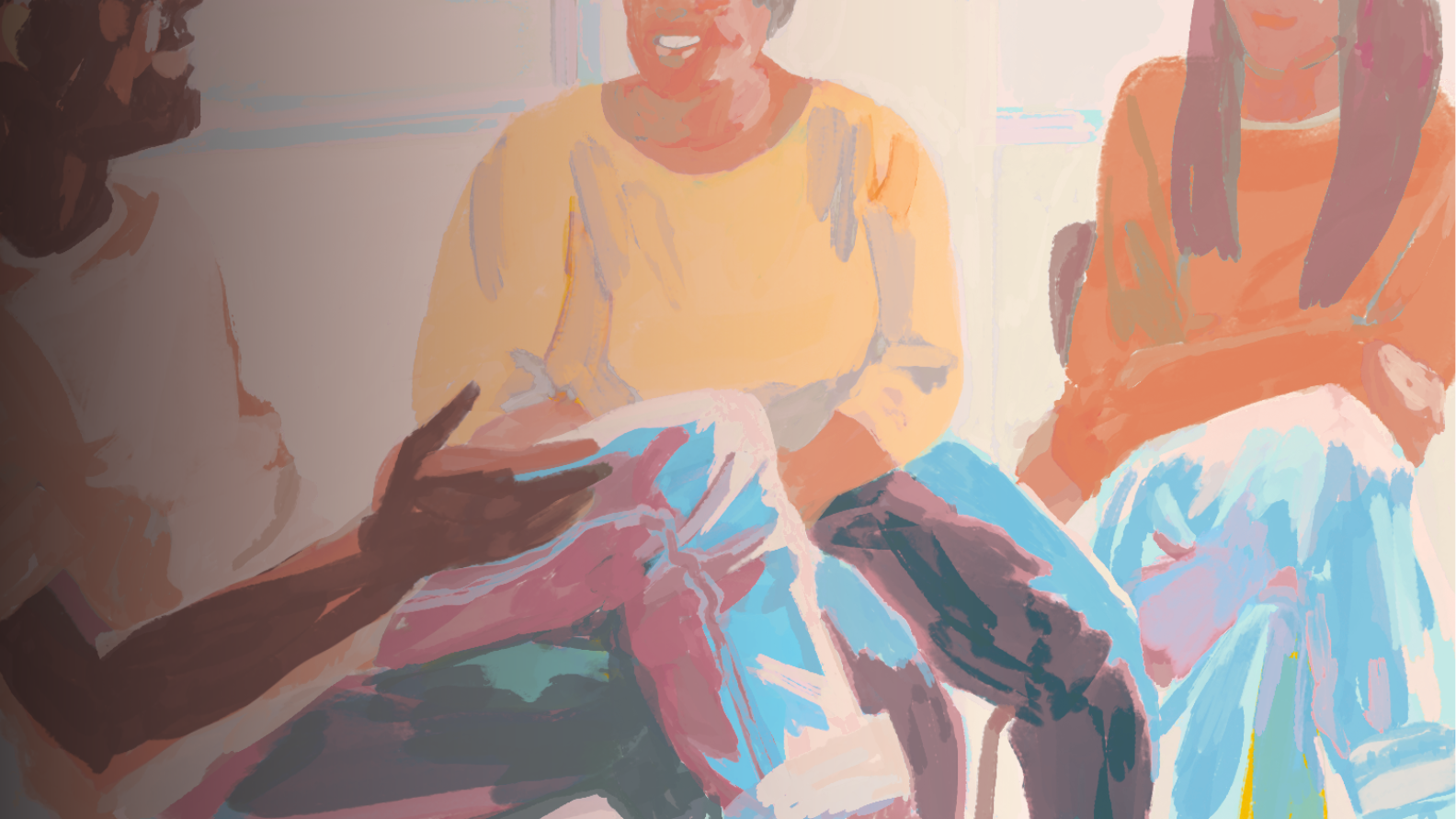 Three women sitting together, two of them holding and looking at their phones, engaging in conversation in a casual setting.