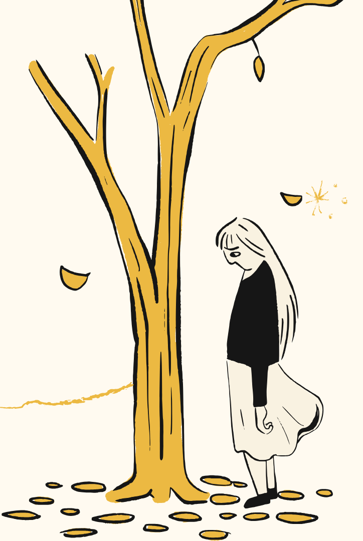 A girl with long hair standing under a leafless tree with falling leaves and a sparkler in the background.