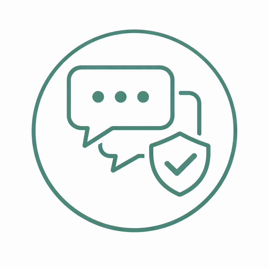 Icon of two speech bubbles with a shield and check mark, representing secure communication or verified messaging.