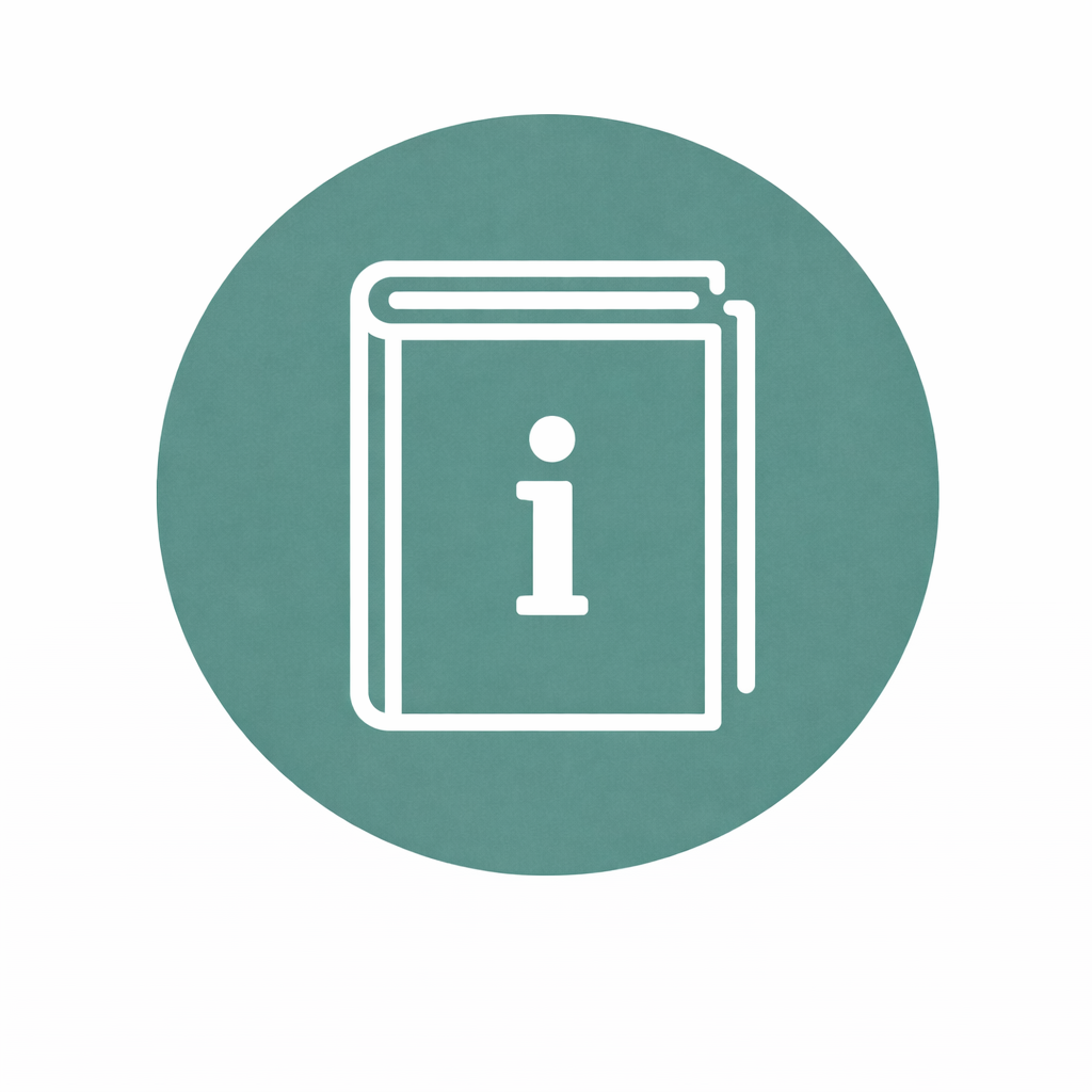 Icon of a book with a lowercase 'i' on the cover, indicating information or help.
