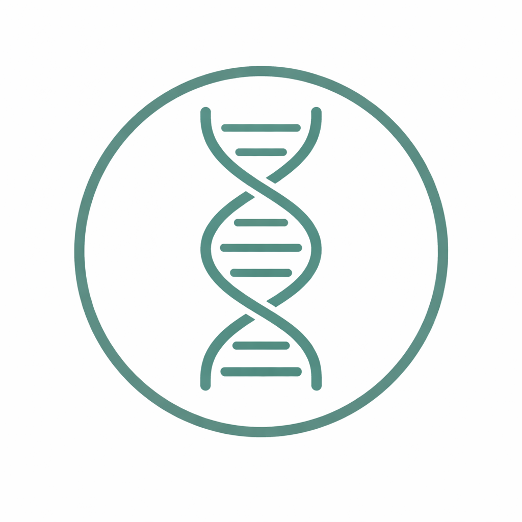 Line drawing of a double helix DNA strand inside a circle.