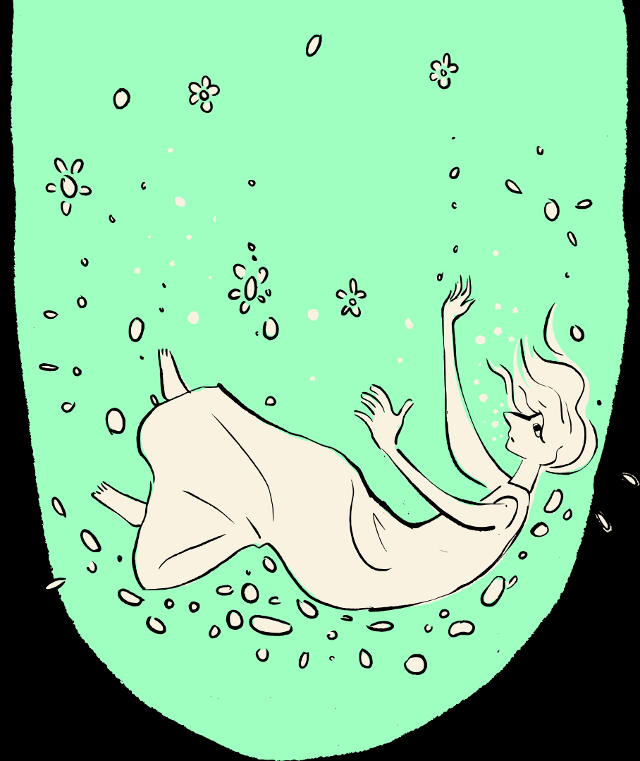 A mermaid swimming underwater with long flowing hair, surrounded by bubbles and small fish, in a stylized drawing.