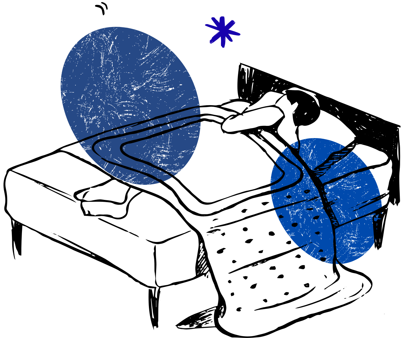 A black and white line drawing of a person lying on a bed, with blue textured circles and a blue asterisk for artistic effect.