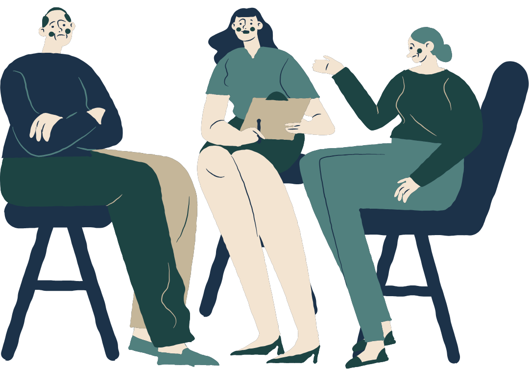 Three people sitting in chairs having a conversation, with one person holding a clipboard and pen.