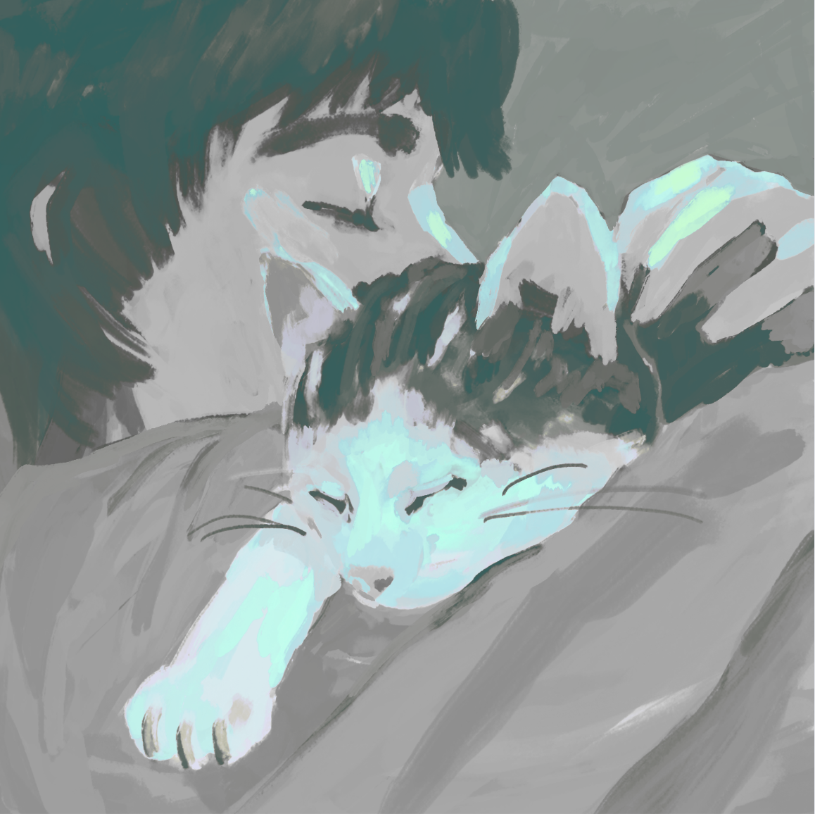 A digital painting of a person with dark hair and light skin gently cuddling a sleeping cat with white and gray fur, both resting on a soft surface.