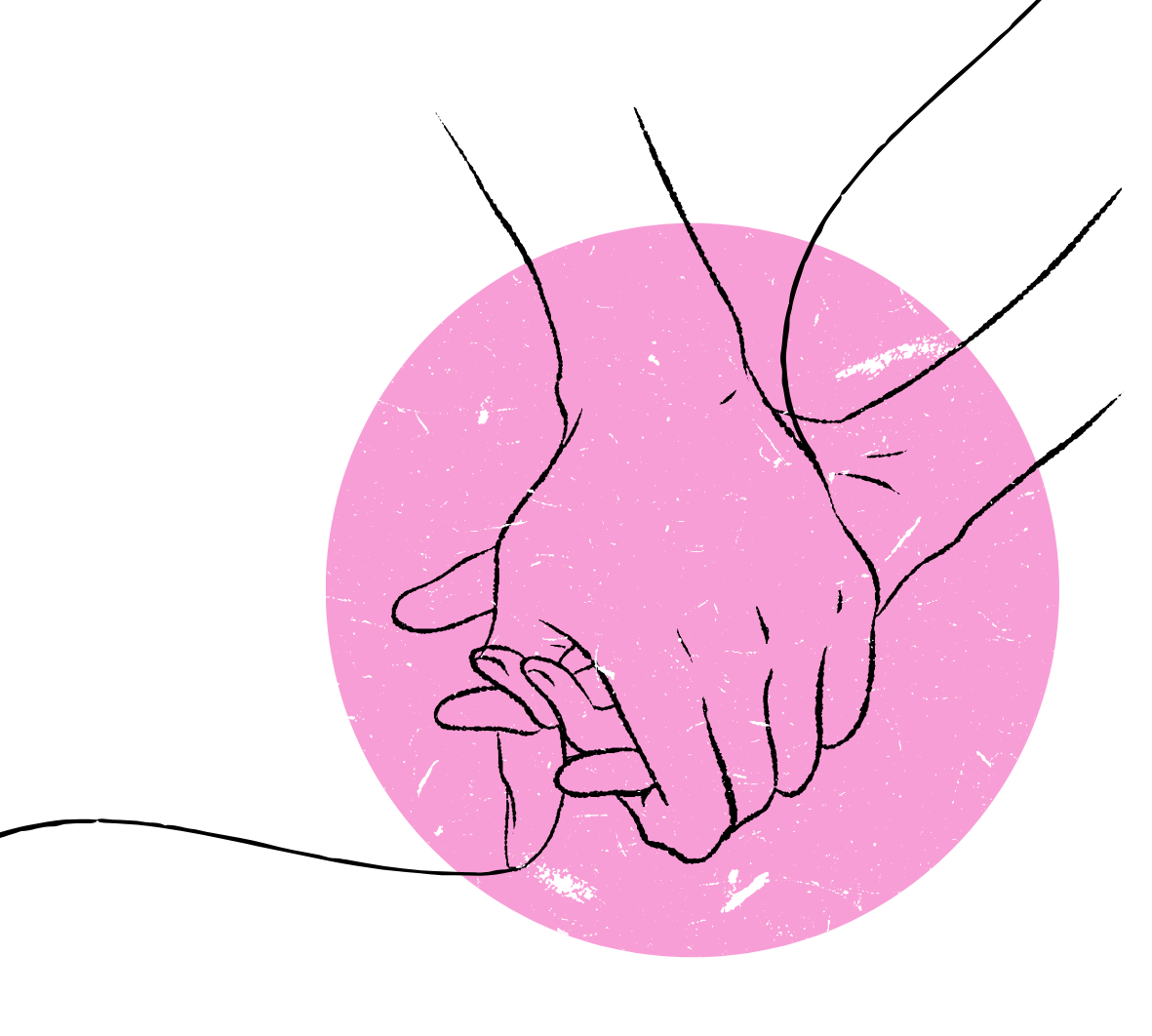 Line drawing of two hands holding each other, with a pink circle in the background.