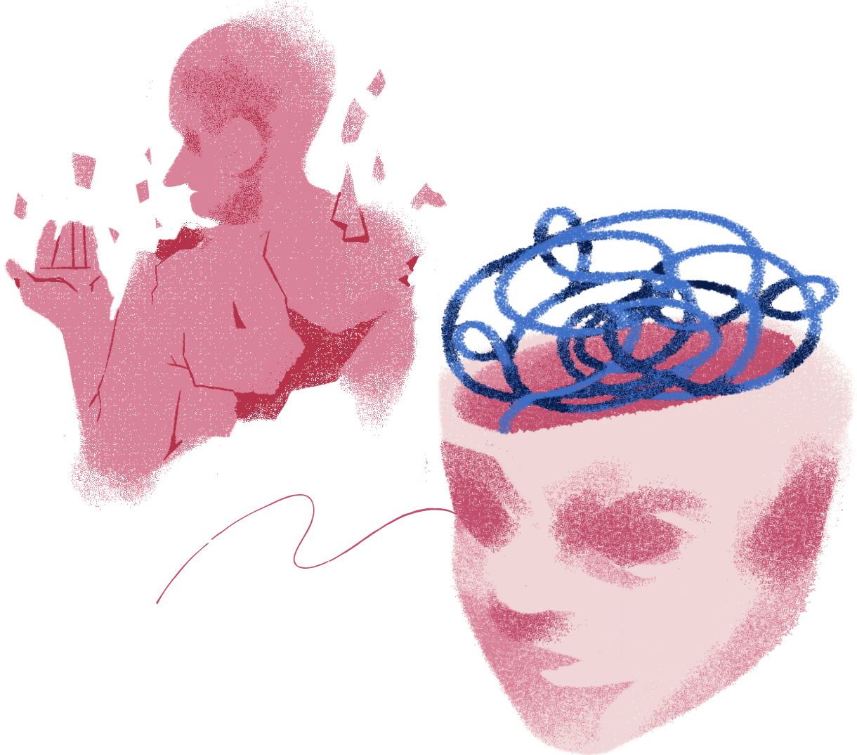 Illustration of a woman with her eyes closed, head tilted downward, and hand raised in a calming gesture, connected to a large, open head with scribbles inside representing confusion or stress.