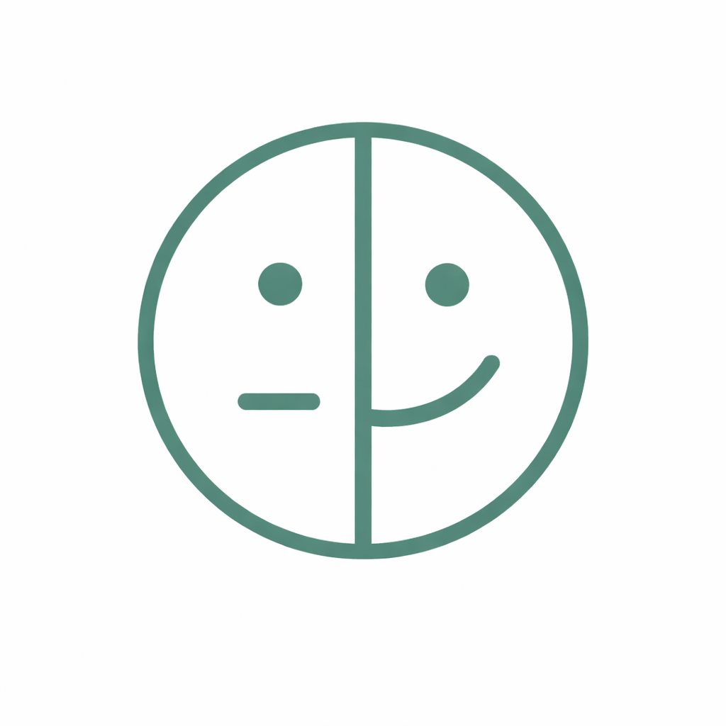 A circular icon split in half, with a sad face on the left and a happy face on the right.