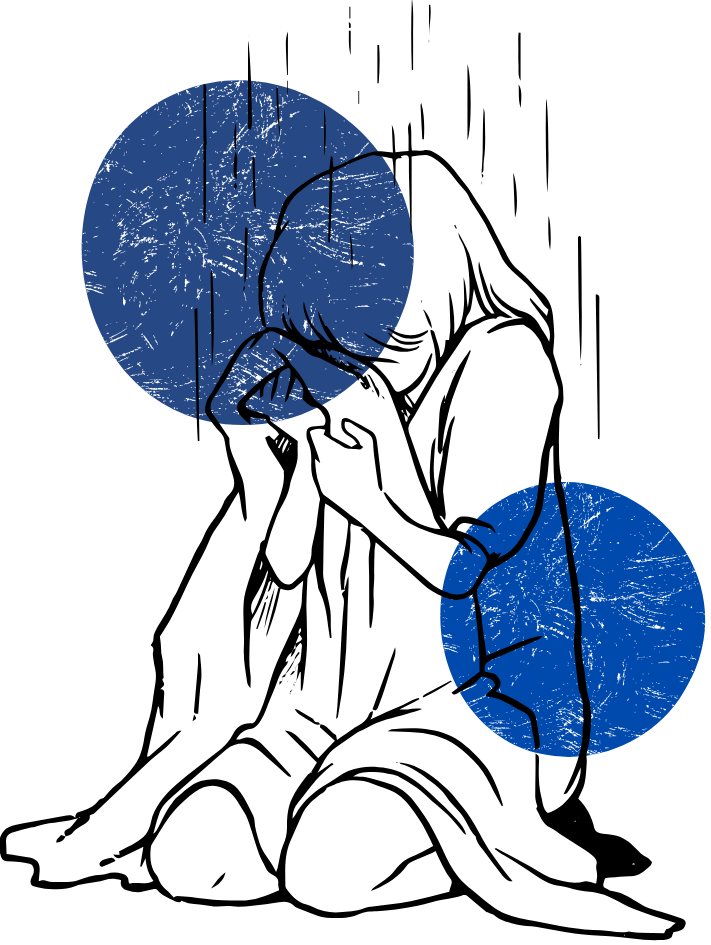 Line drawing of a girl sitting and holding a phone, depicted with blue circles and rain lines.