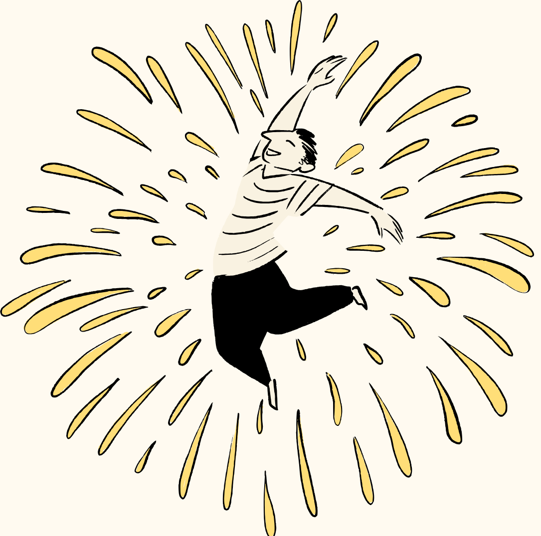 A person jumping joyfully with arms spread wide, surrounded by yellow streaks resembling an explosion or burst of energy.