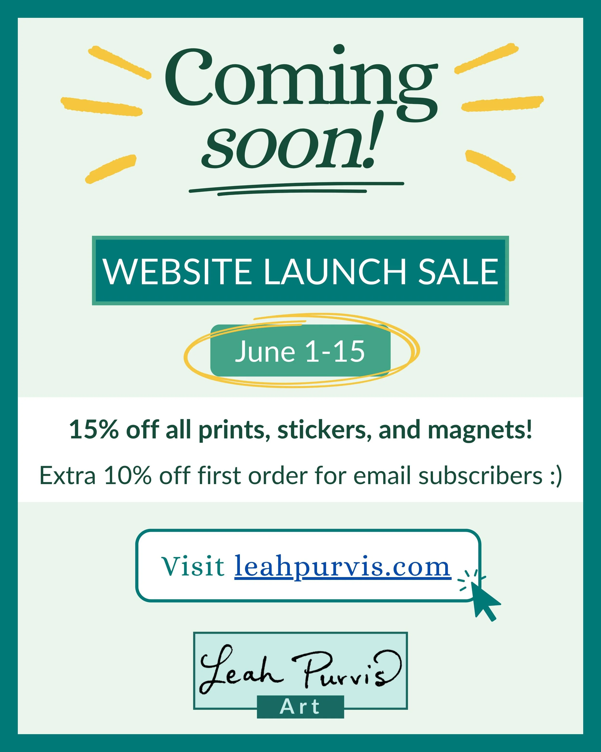 I&rsquo;ve been working quietly for the last few months on creating a website for my work with an online shop!  I&rsquo;m having a launch sale June 1-15.  It&rsquo;ll be 15% off store-wide, and an extra 10% off first order for email subscribers! 

Cu