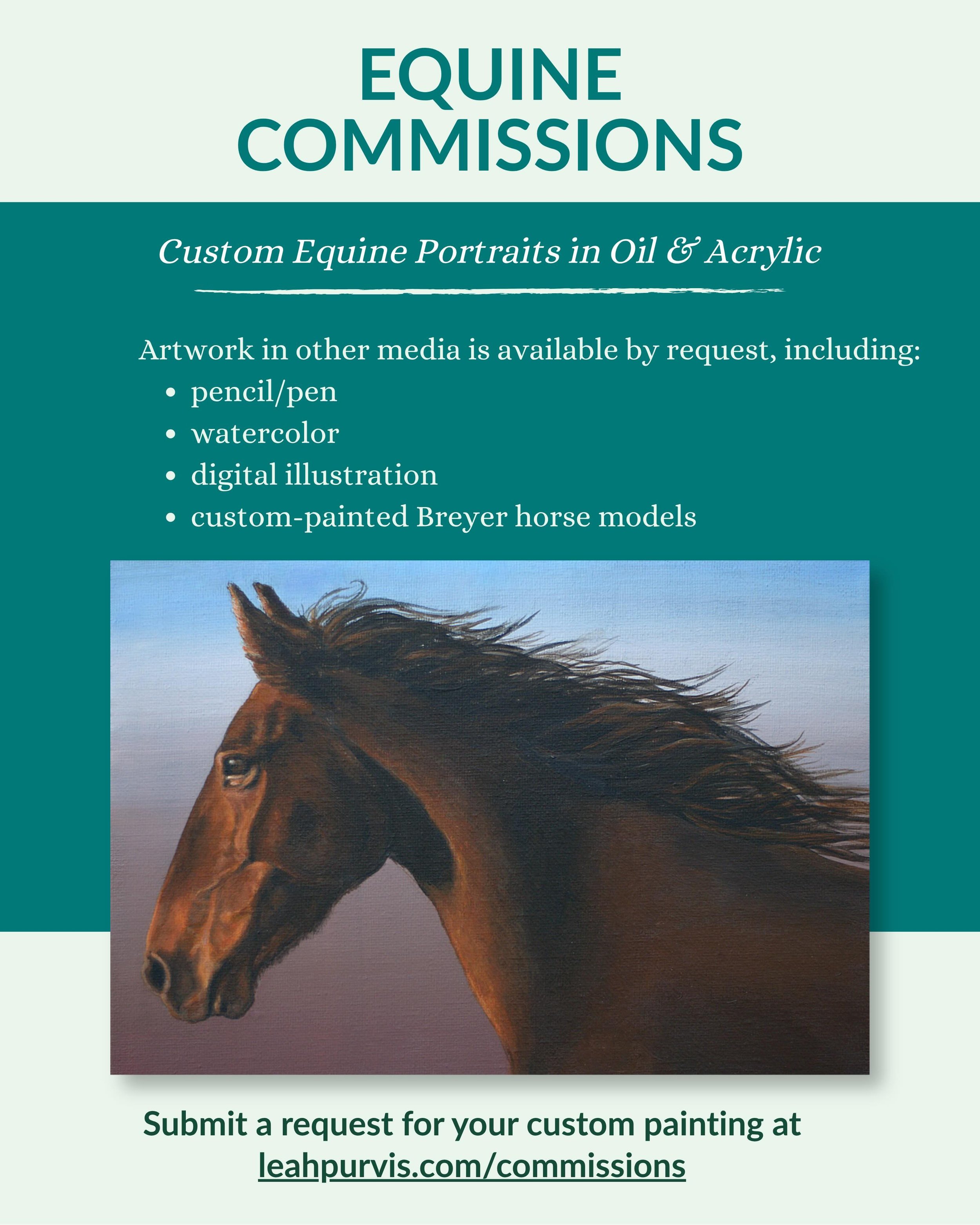 I love painting horses!
If you&rsquo;d like me to paint your horse, or your friend&rsquo;s horse, or your grandma&rsquo;s horse, or any horse you&rsquo;ve seen that you love, submit a request on my website!  leahpurvis.com/commissions

#equineartist 