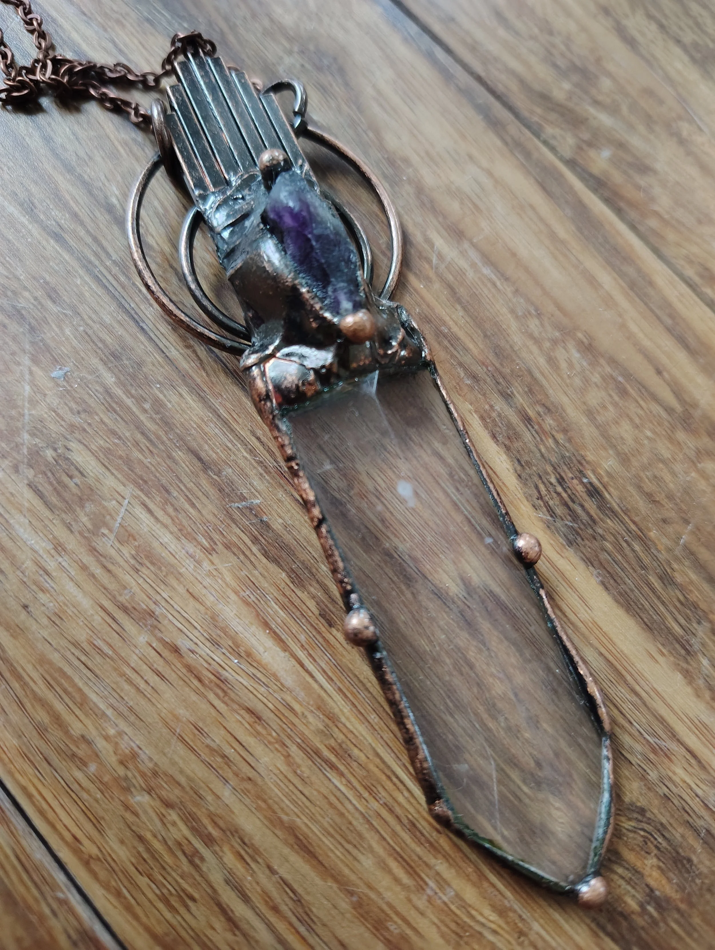 Vintage Sword Shaped Amethyst and Quartz Crystal Necklace