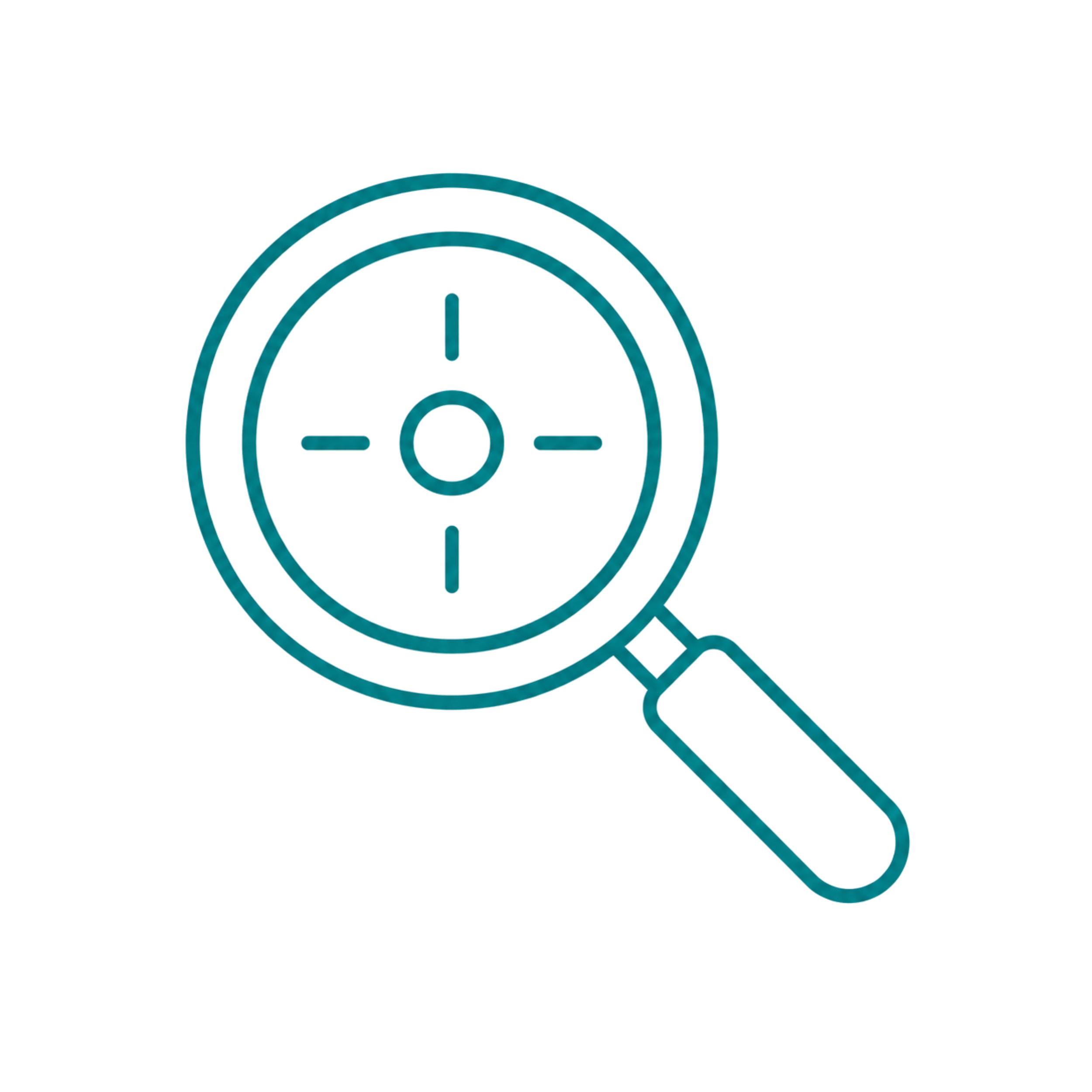 Teal outline magnifying glass with a centered focus target representing attention to detail.