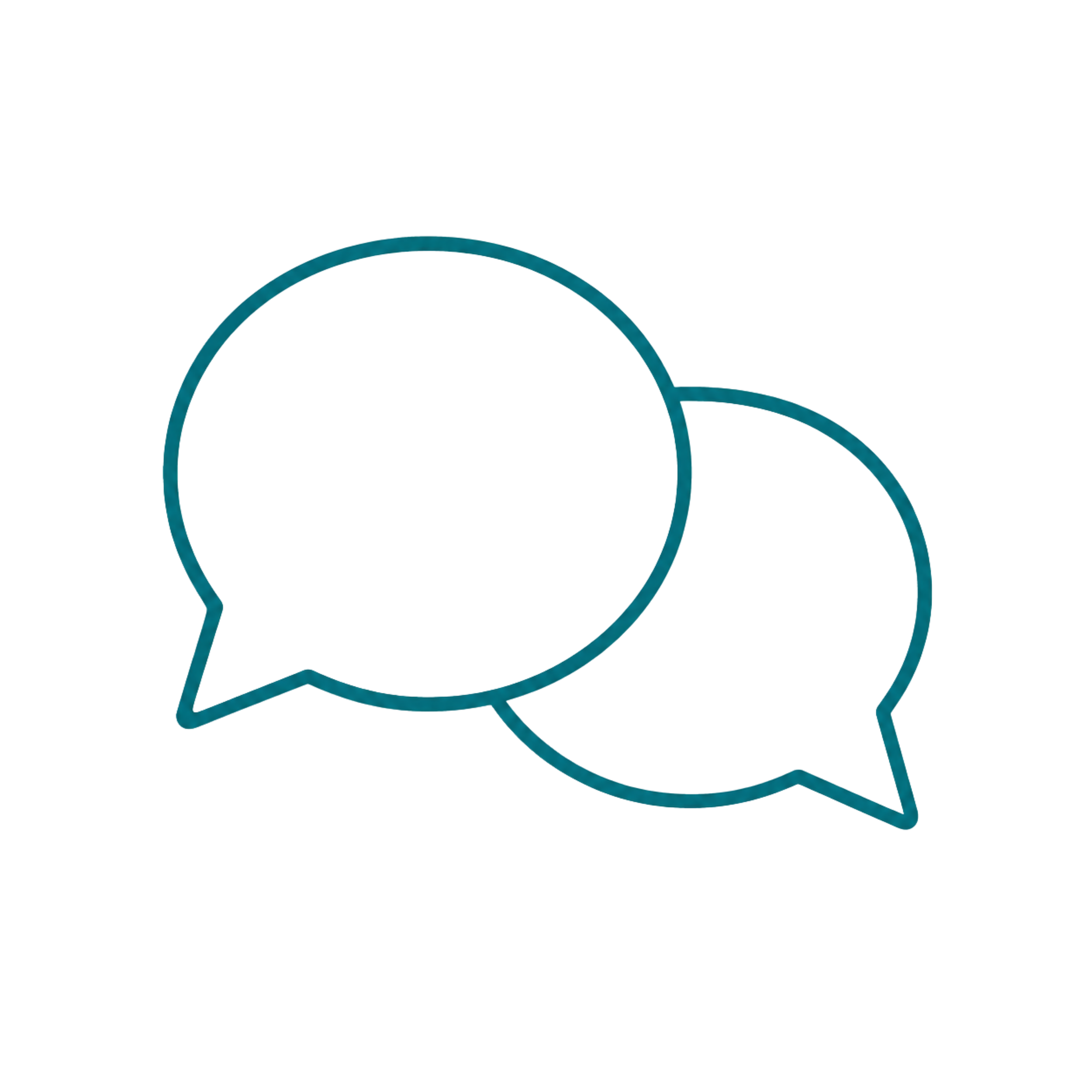 Teal outline speech bubbles representing clear communication.