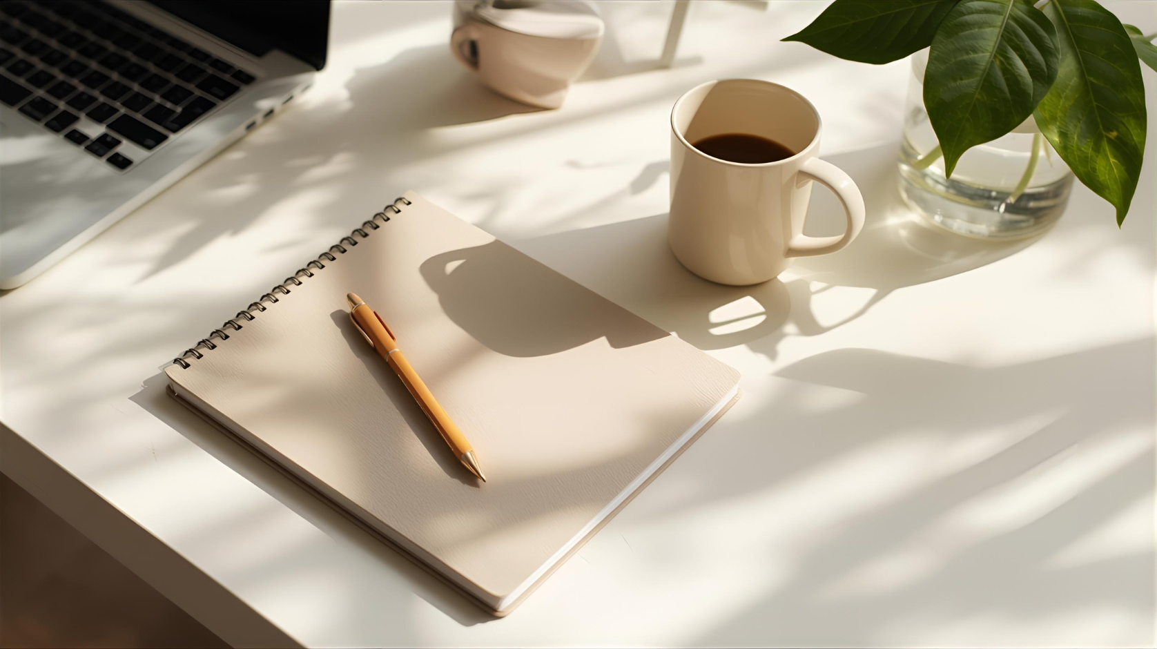 A white desk with an open notebook and a pen, a cup of coffee, a laptop, and a plant in a glass vase, with dappled sunlight casting shadows.