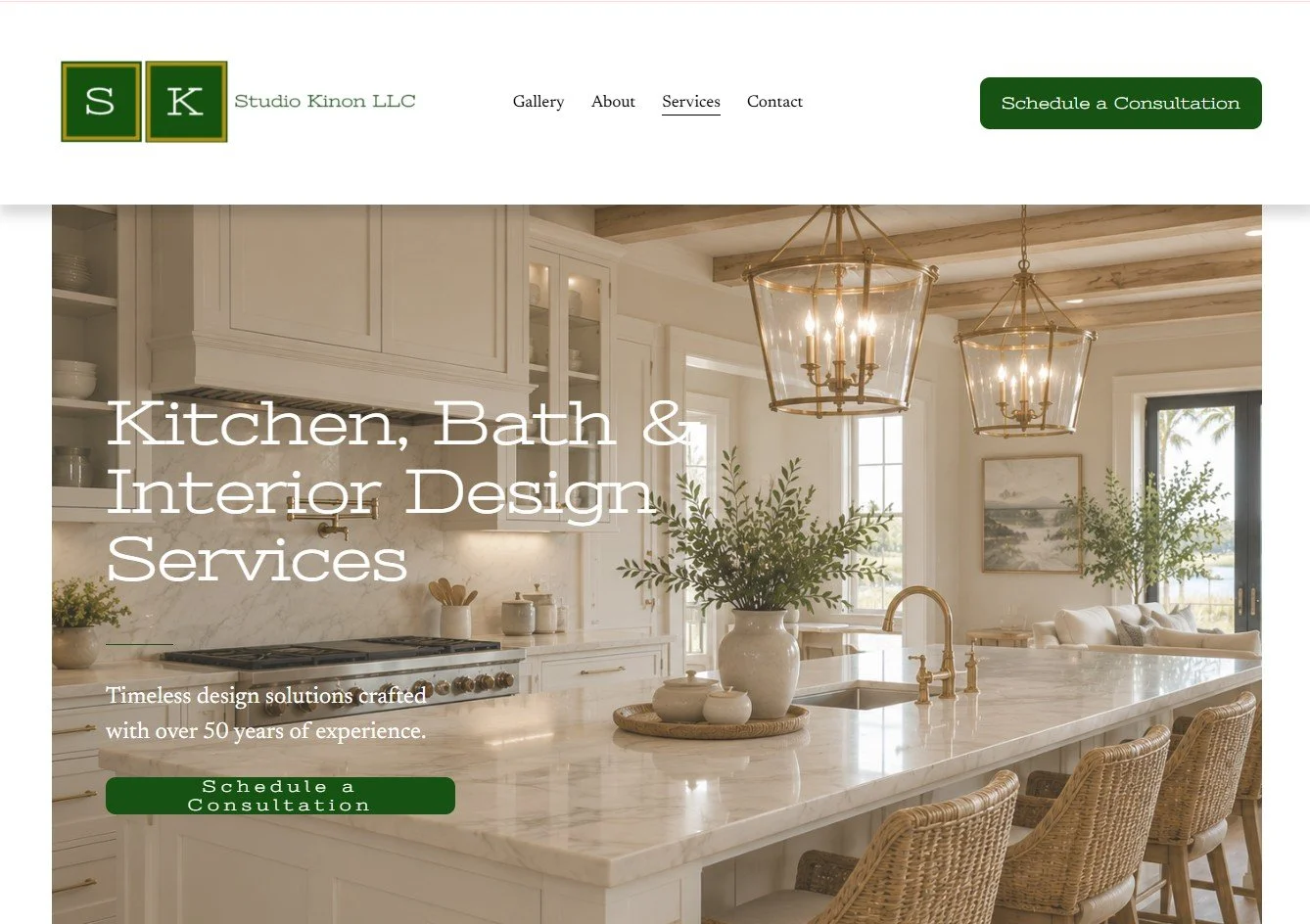 Studio Kinon website homepage featuring custom kitchen, bath, cabinetry, and interior design services.