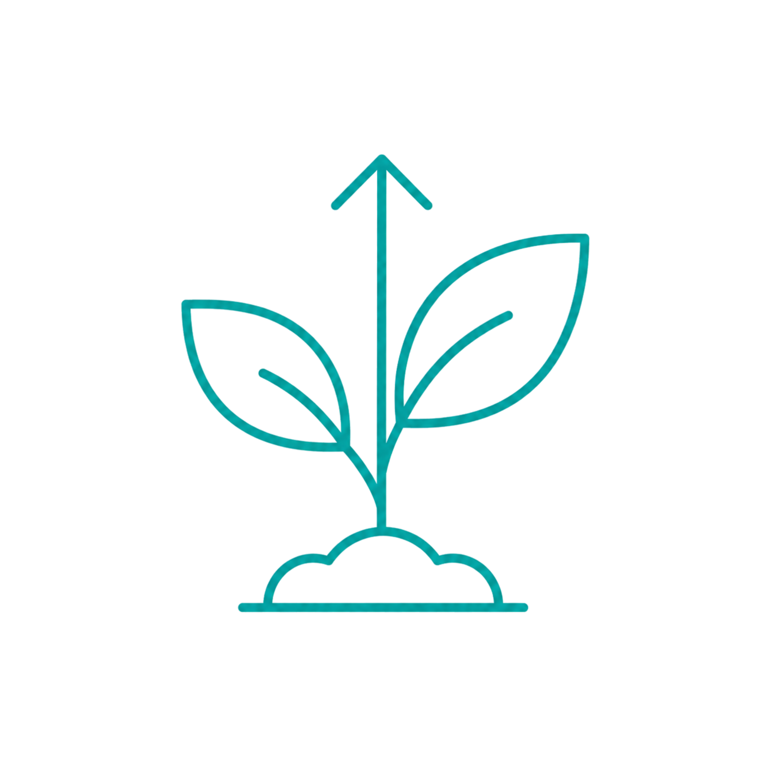Teal outline growing plant with an upward arrow representing entrepreneurial growth