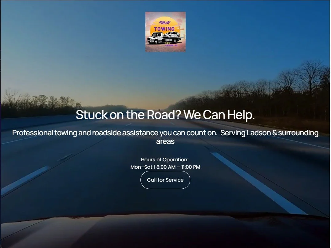 RWM Towing website homepage featuring towing and roadside assistance services in the Charleston area.