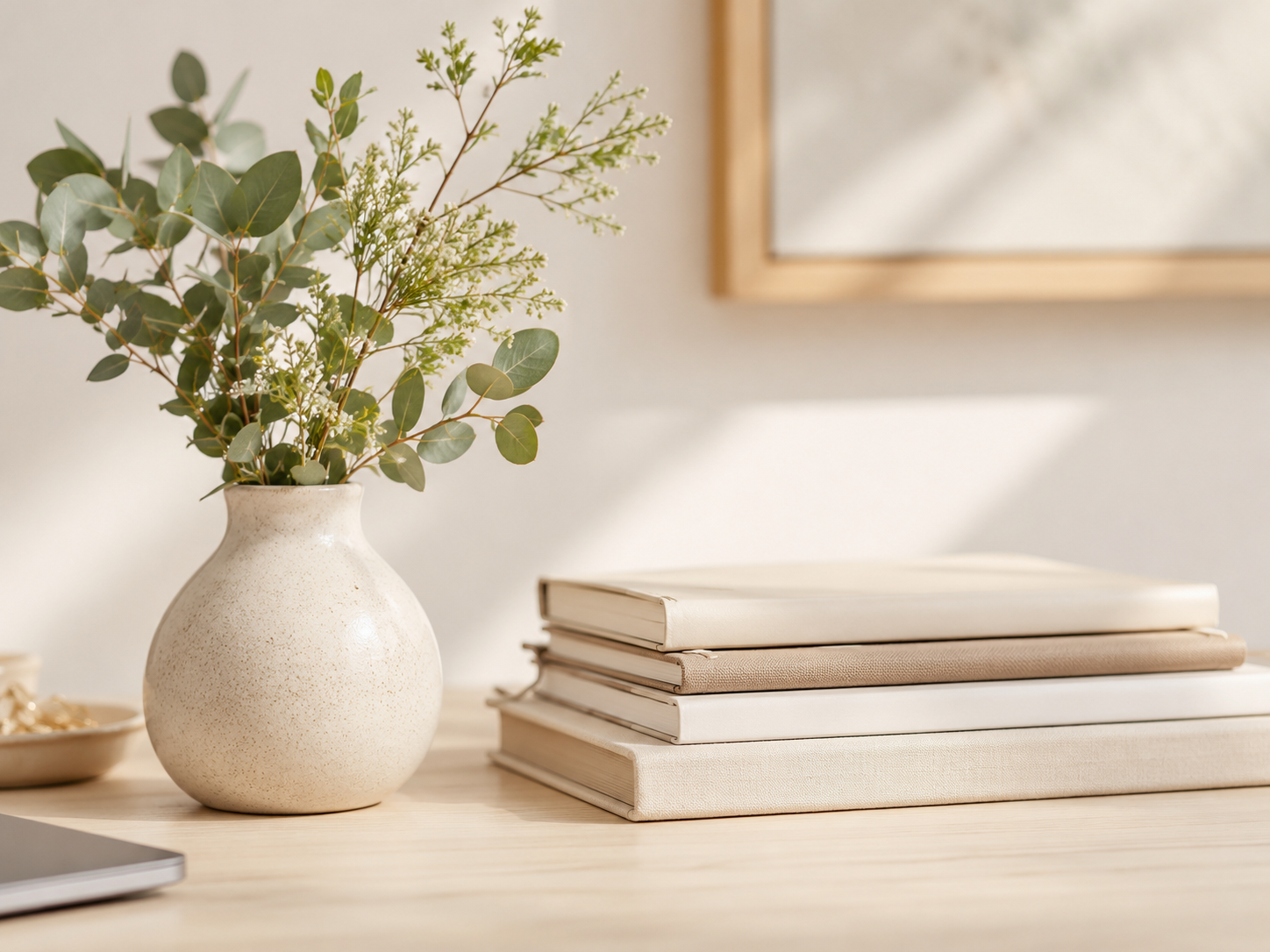 Soft, sunlit workspace vignette featuring a cream ceramic vase with green foliage beside a stack of neutral-toned books on a light wood desk, creating a calm and professional atmosphere.