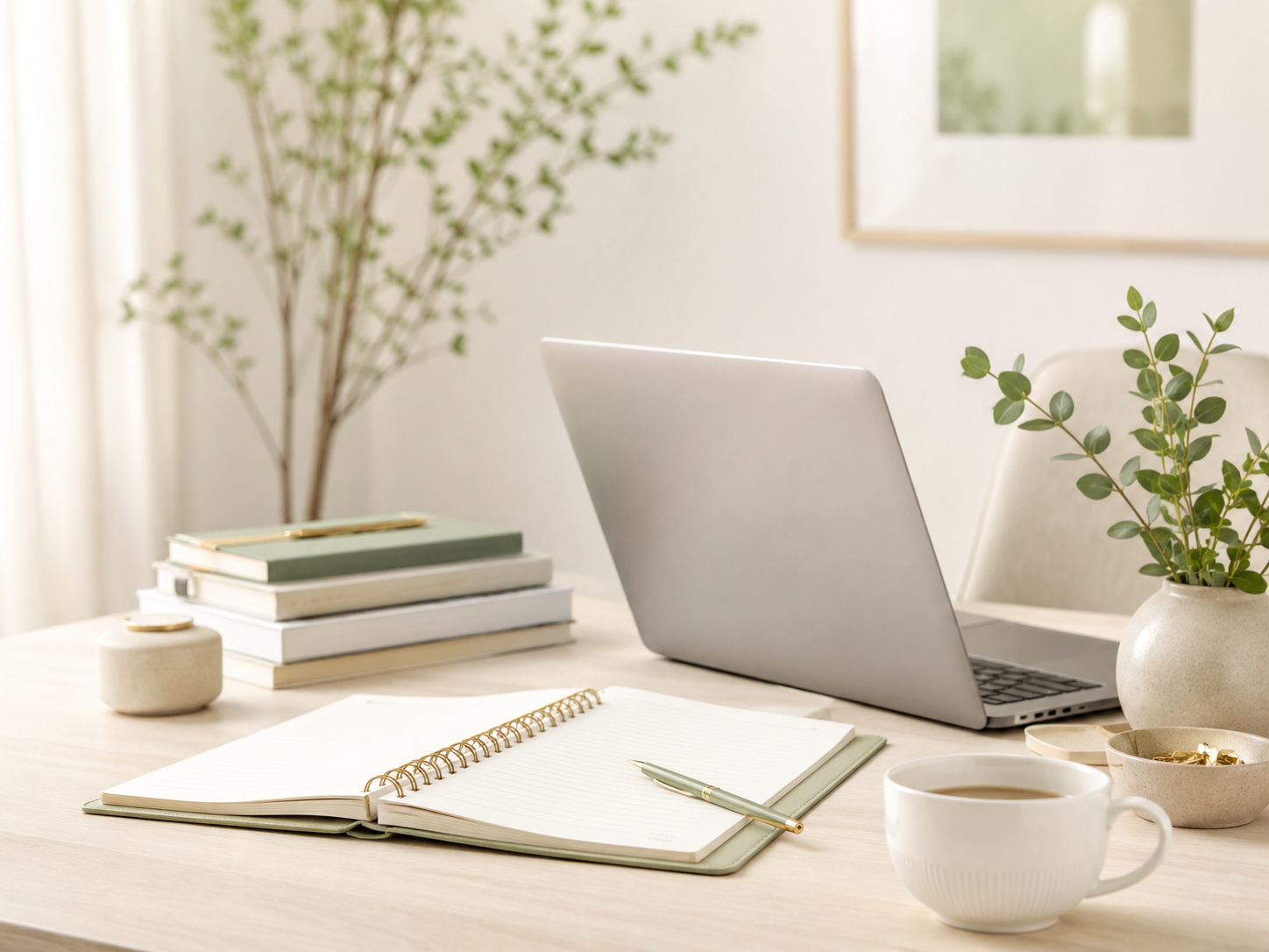 A neatly organized workspace with a laptop, an open notebook with a pen, a cup of coffee, a stack of books, potted plants, and decorative objects on a light wooden desk in a bright room.