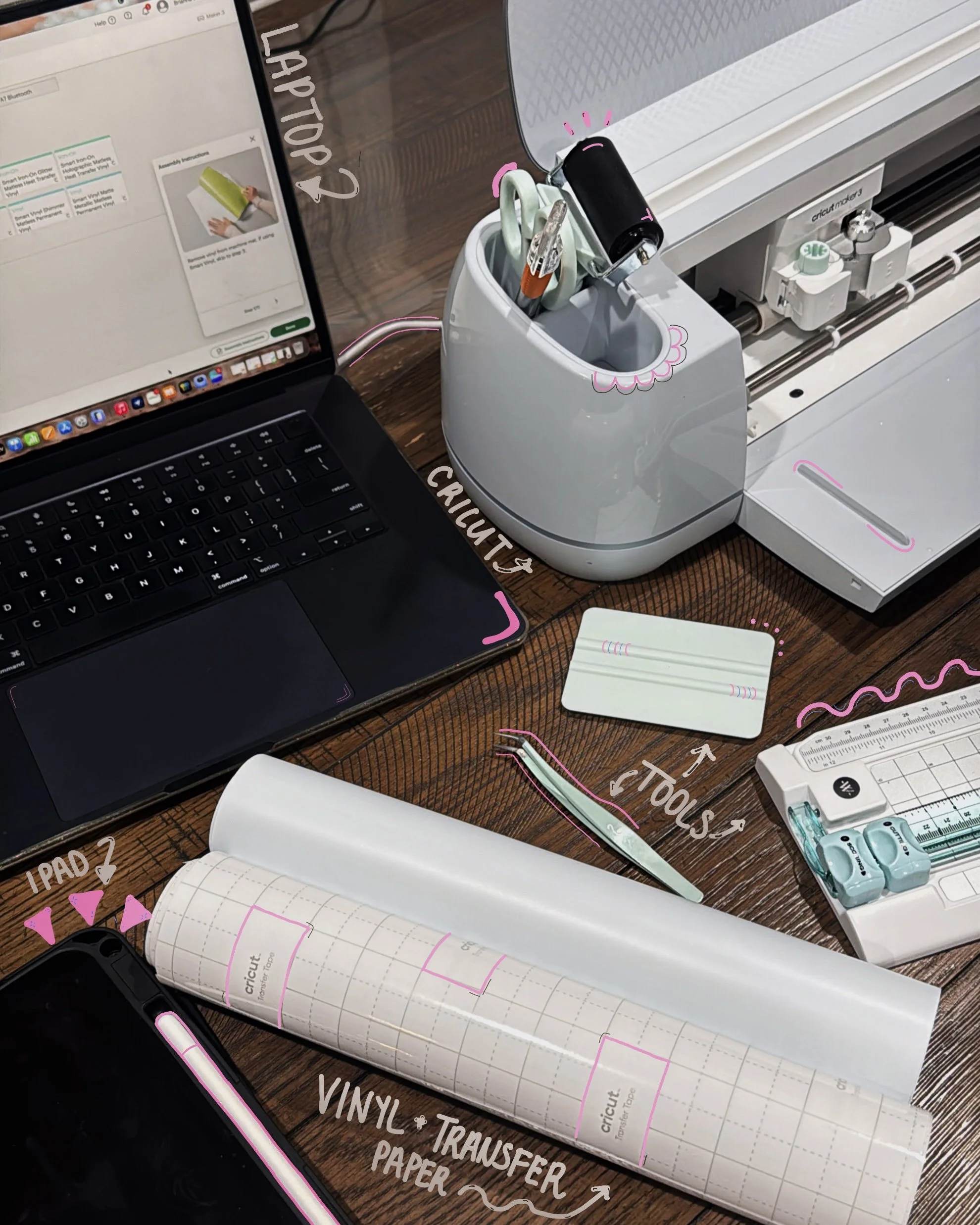Work desk with a laptop, cutting machine, vinyl transfer paper, a small card, and tools labeled for crafting.