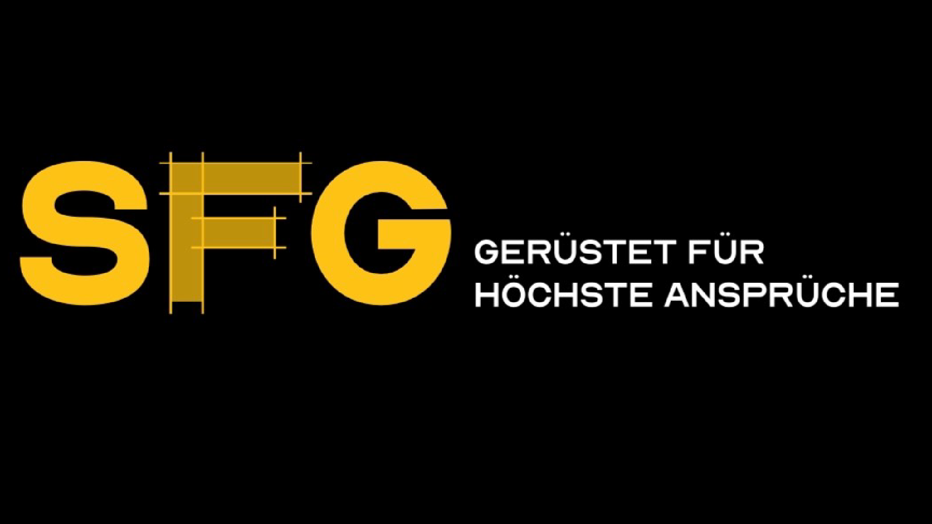 Logo mit dem Text 'SFG' in großen gelben Buchstaben und dem Slogan 'Gerüstet für höchste Ansprüche' in Weiß auf schwarzem Hintergrund, mit Konstruktionslinien und Markierungen auf den Buchstaben.