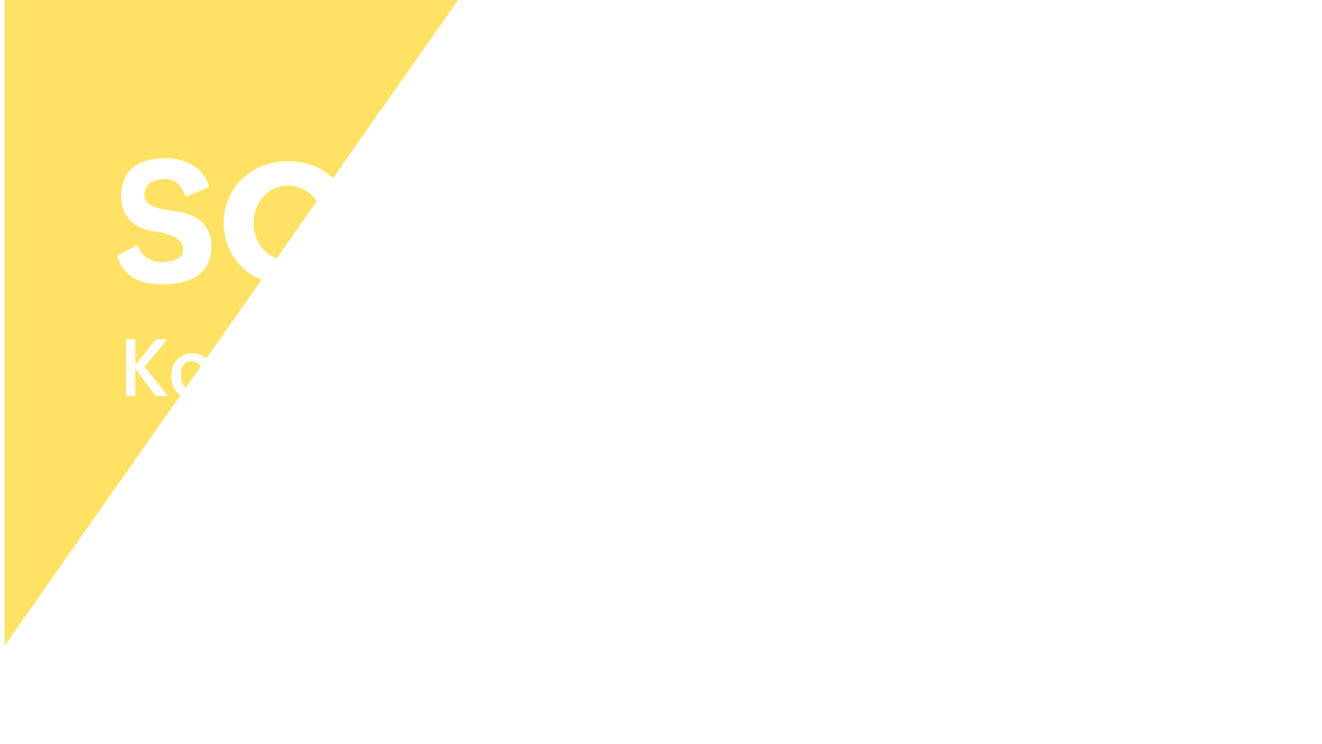 Ein grafisches Design mit großen weißen Buchstaben auf einem gelben Hintergrund und weißen Flächen, keine konkreten Gegenstände sichtbar.