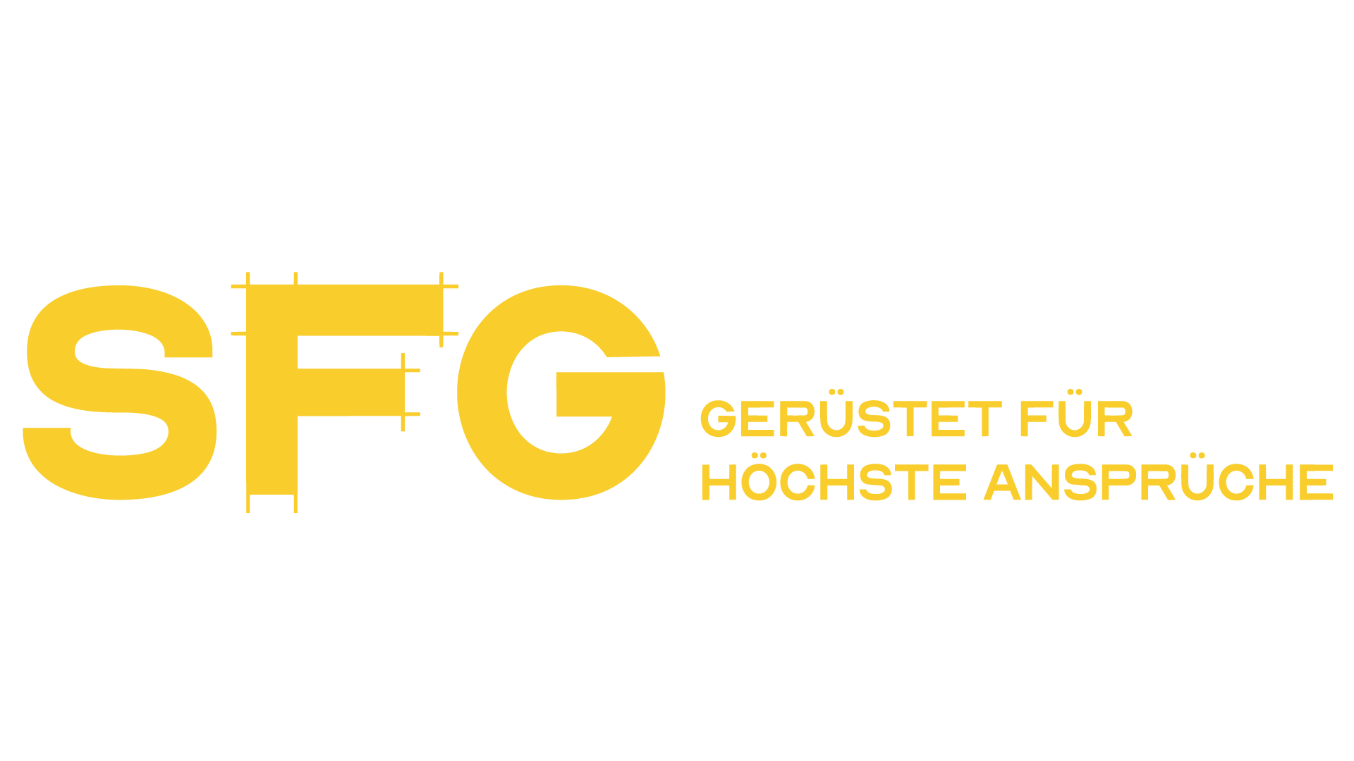 Grafik mit dem Logo "SFG" in großen gelben Buchstaben und daneben der Text "GERÜSTET FÜR HÖCHSTE ANSPRÜCHE" in kleineren gelben Buchstaben.