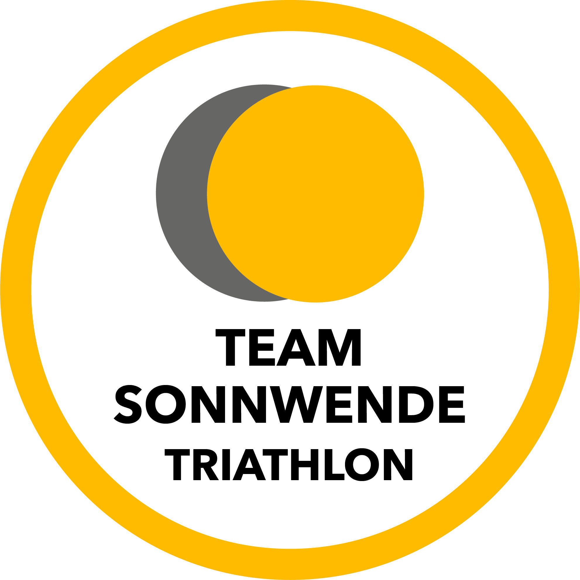 Logo des Teams Sonnwende Triathlon, bestehend aus zwei overlapping Kreisen, einem gelben und einem grauen, mit schwarzem Text darunter.