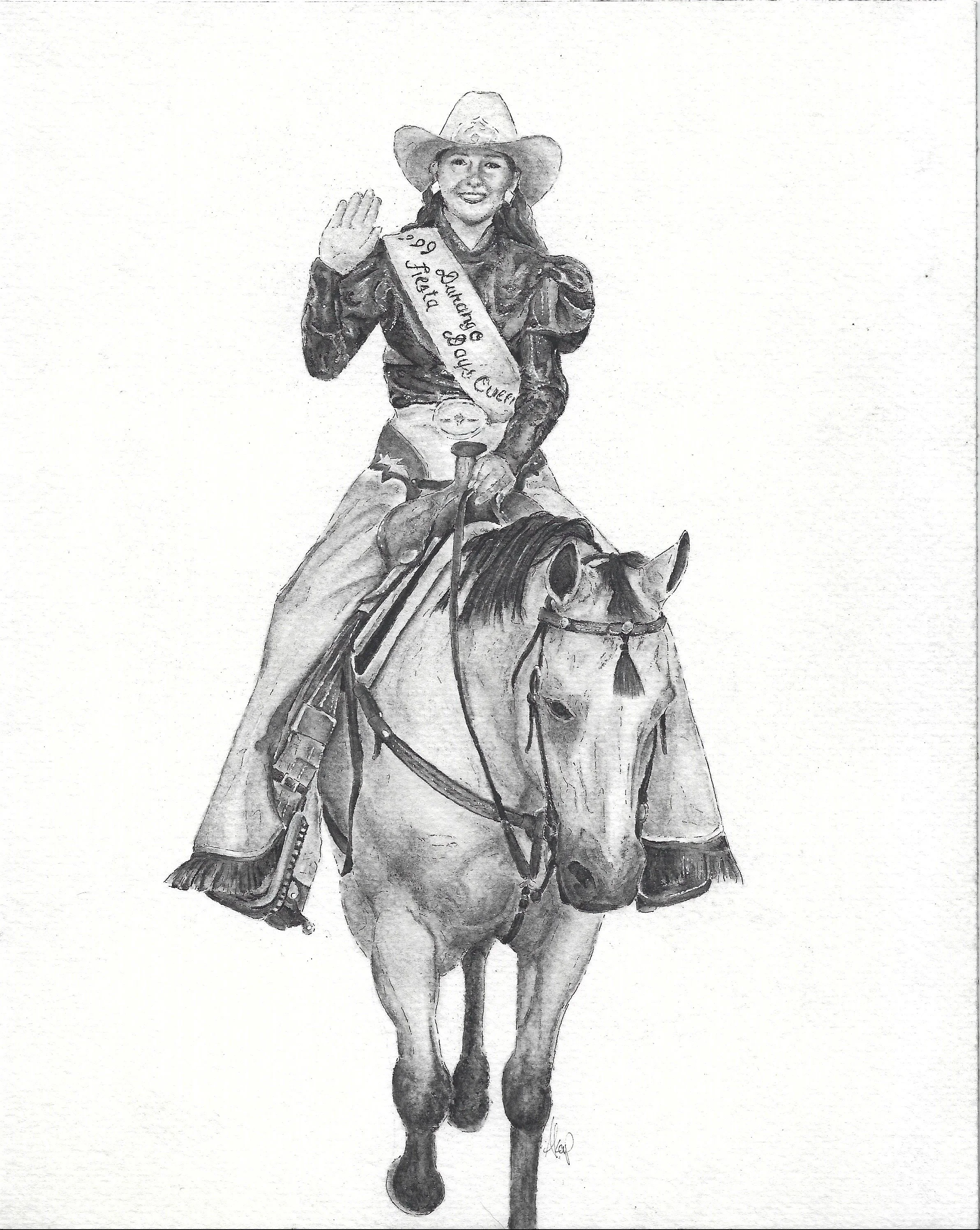 Charcoal drawing of rodeo queen with her horse.