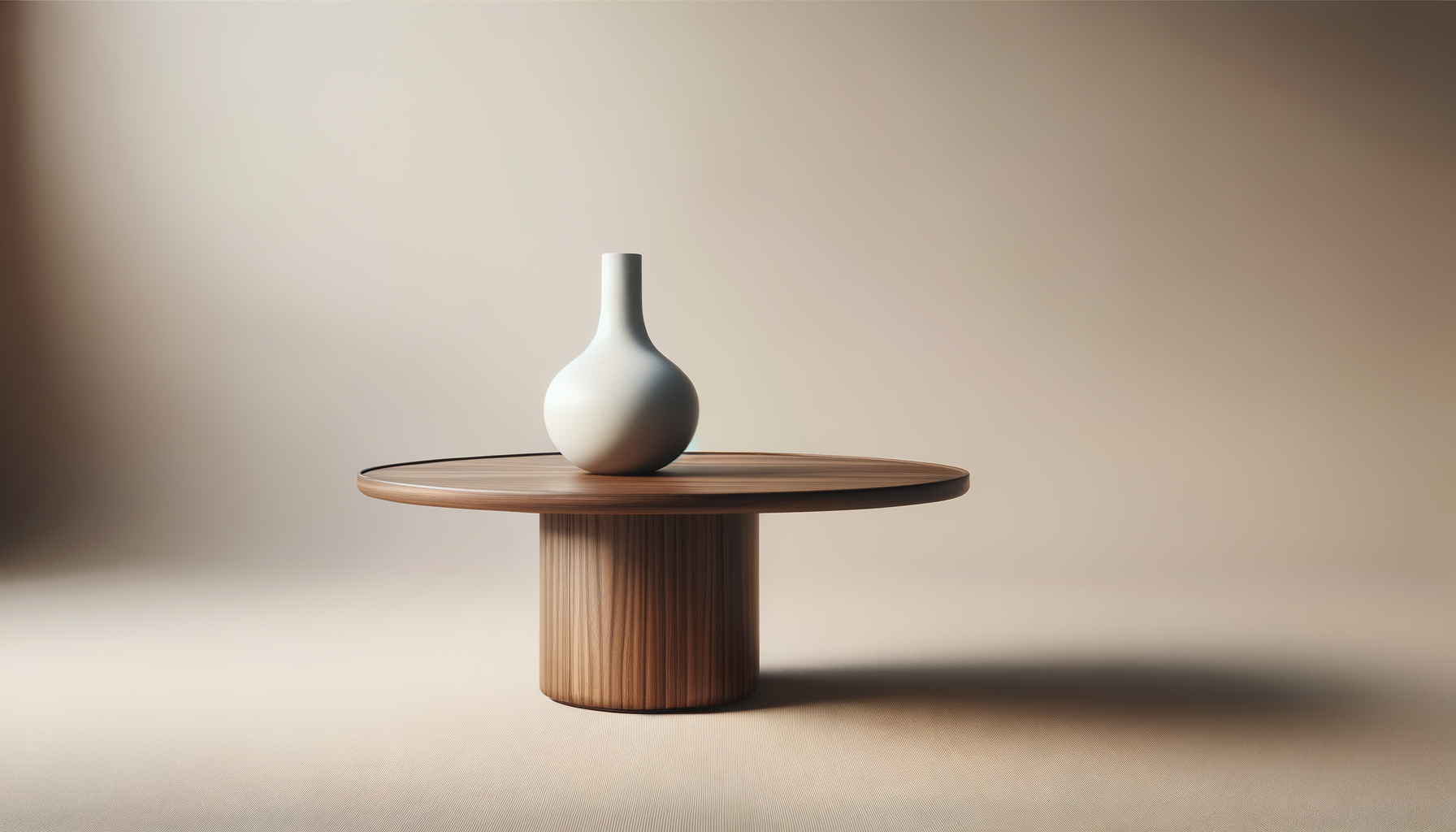 A minimalist white vase with a bulbous base and narrow neck on a round wooden table in a softly lit room.