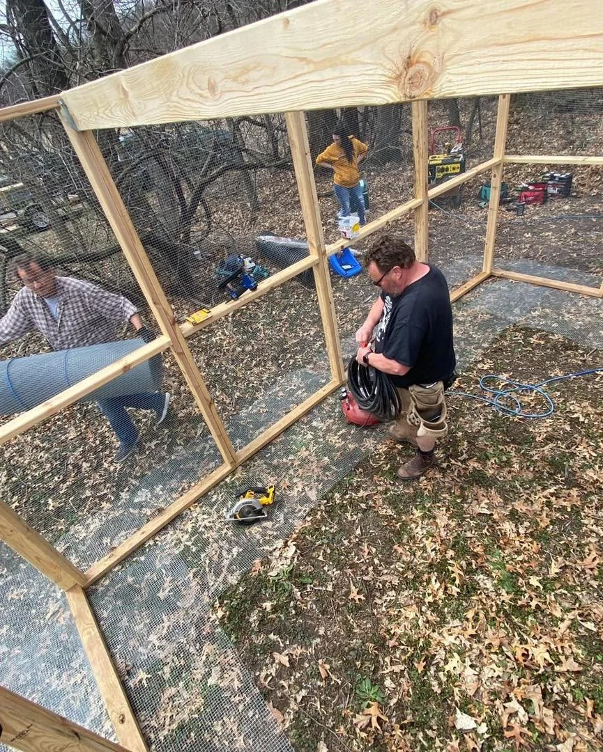 WWC volunteers building a raccoon enclosure