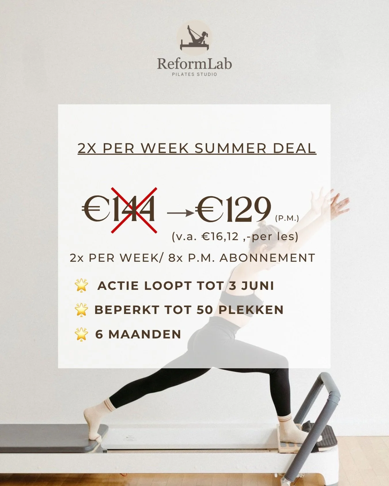 SUMMER DEAL ☀️
Wij bestaan 1 maand en dat vieren we met een exclusieve actie 🥳

2x per week trainen bij ReformLab
van &euro;144 &rarr; &euro;129 per maand 🌟
(voor 6 maanden vastgezet)

❗️Slechts beschikbaar voor 50 mensen
Vol = vol

👉 boek nu- lin
