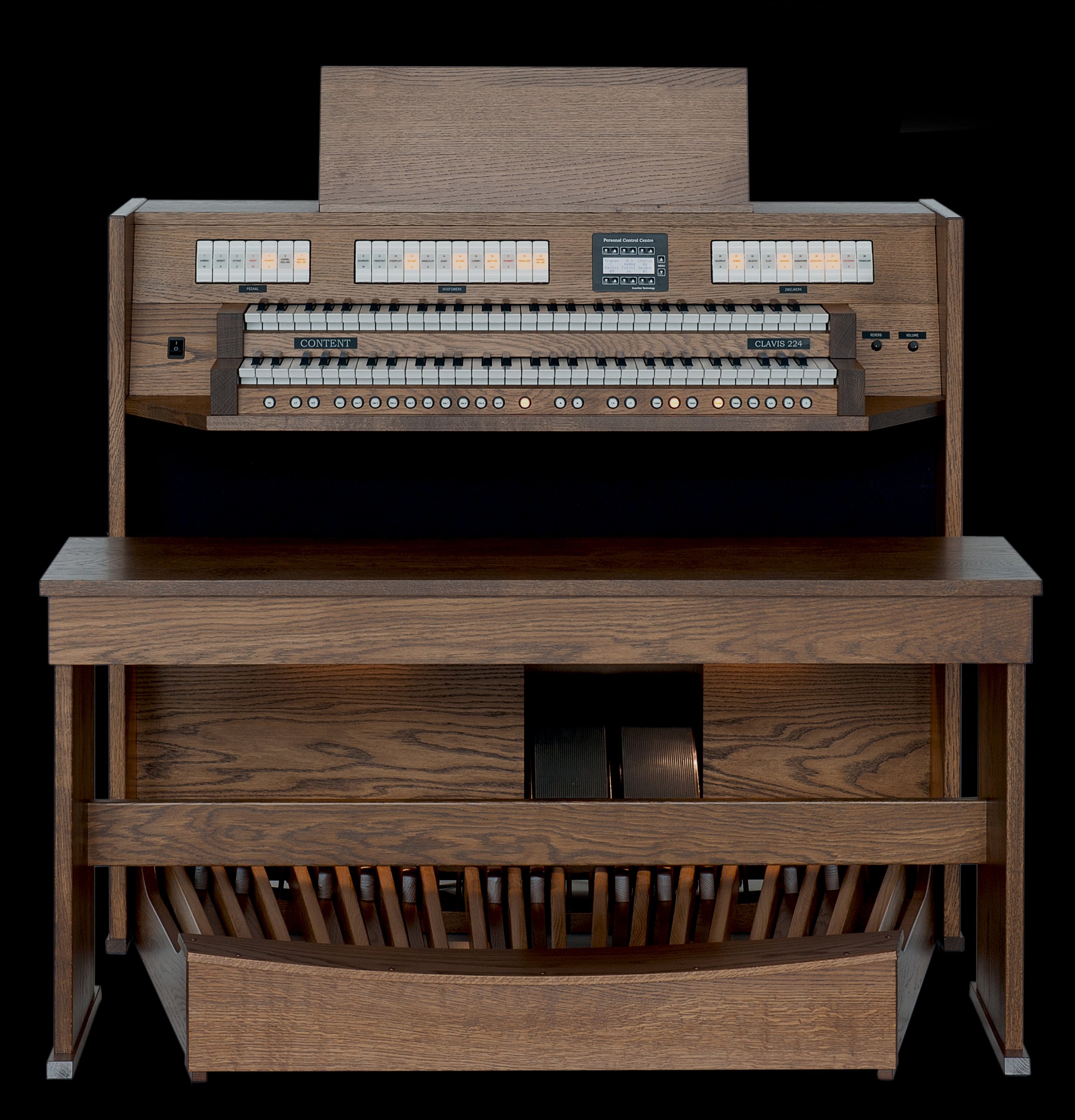 A wooden pipe organ with multiple keyboards, control buttons, and digital display panels.
